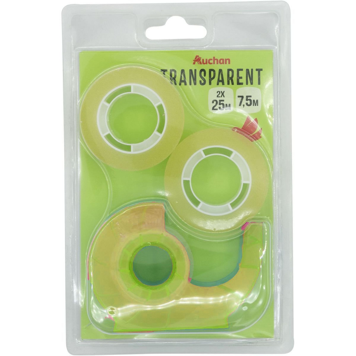 AUCHAN Rouleau ruban adhésif 25m transparent avec dévidoir jaune + 2 rouleaux