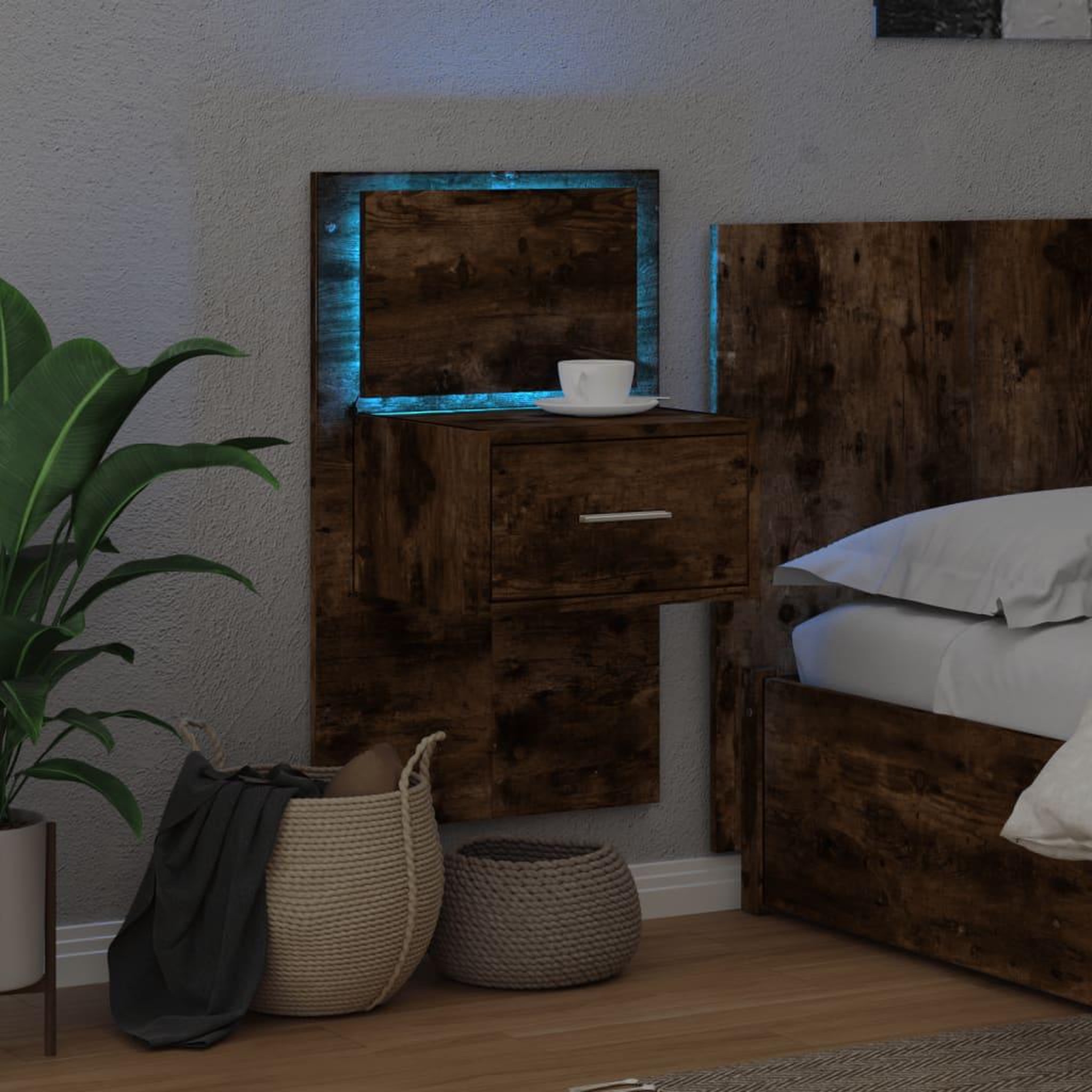 Voir la diapositive 5 : VIDAXL Table de chevet murale avec lumieres LED chene fume