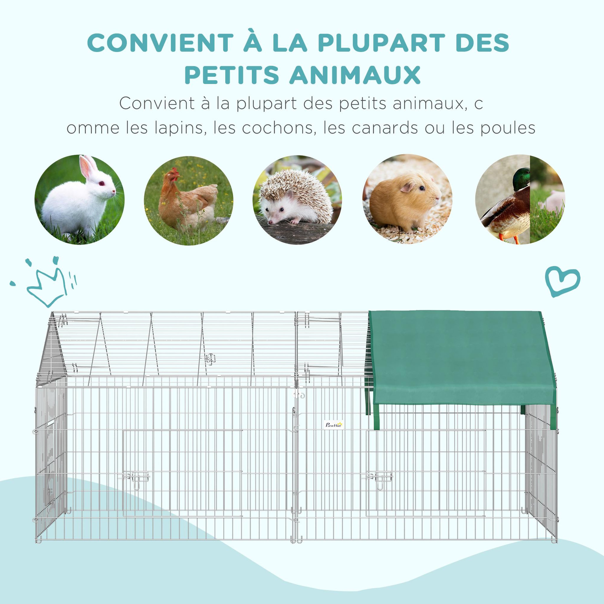 Voir la diapositive 6 : PAWHUT Pawhut parc enclos métal époxy cage extérieure dim. 2,20l x 1,03l x 1,03h m 3 portes et trappe surface abrité pe vert