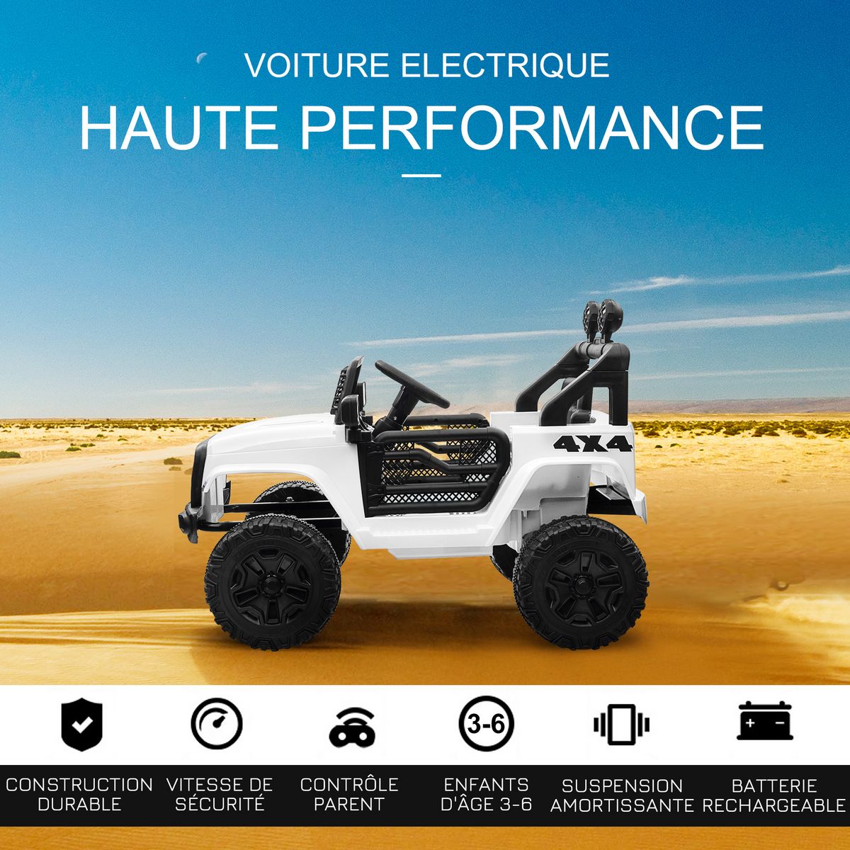 HOMCOM Voiture 4x4 électrique enfant moteur 2 x 35 W 5 Km/h max. télécommande incluse effets lumineux sonore lecteur MP3 USB blanc