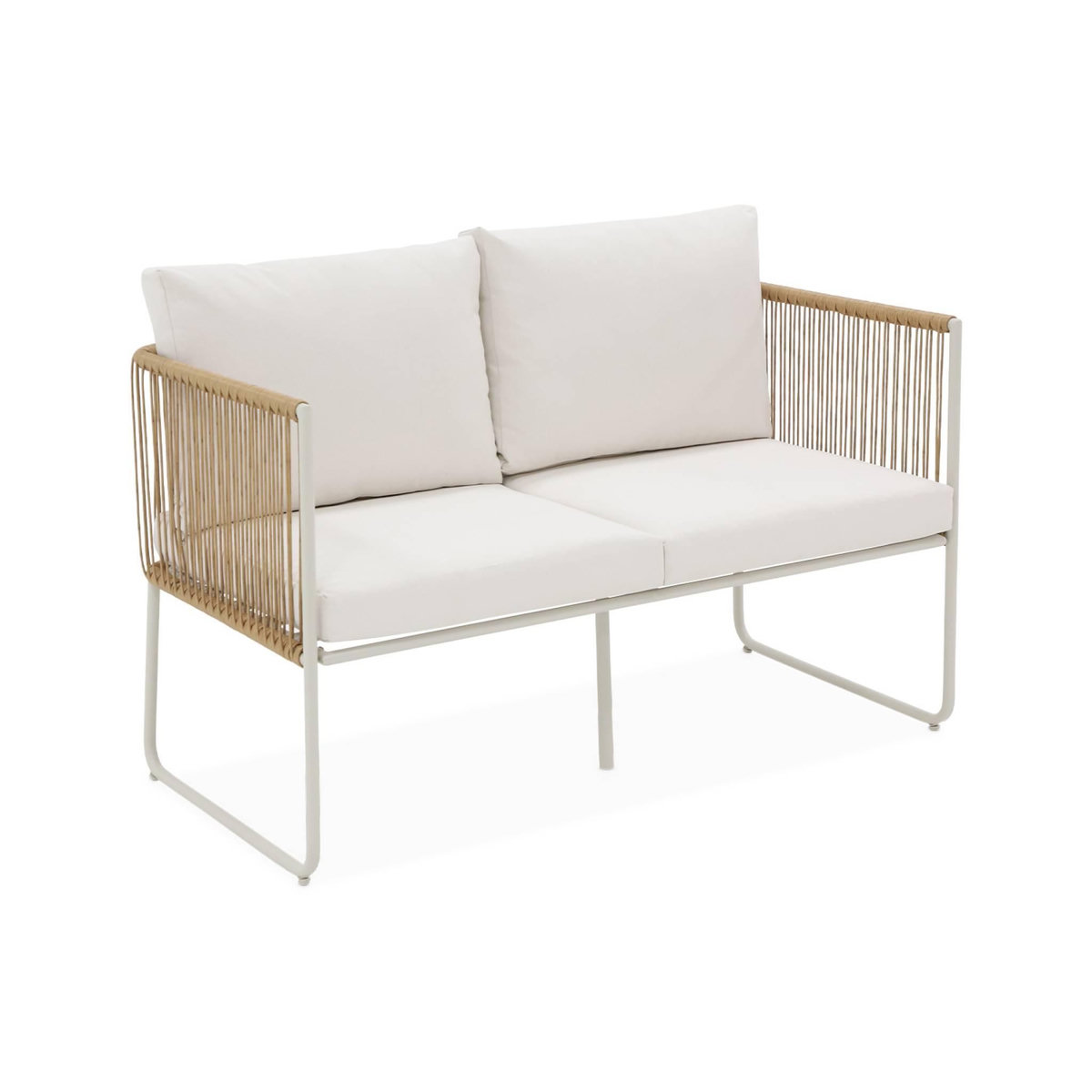 SWEEEK Salon de jardin en corde résine plastique et acier galvanisé, table basse en verre trempé, 4 places