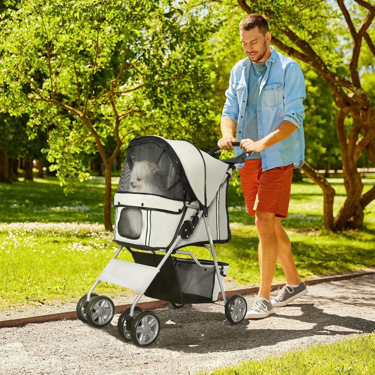 PAWHUT Poussette buggy pliable animaux chariot pliant chien chat porte-gobelet panier de rangement inclus roues avec frein tissu 600D Oxford métal gris