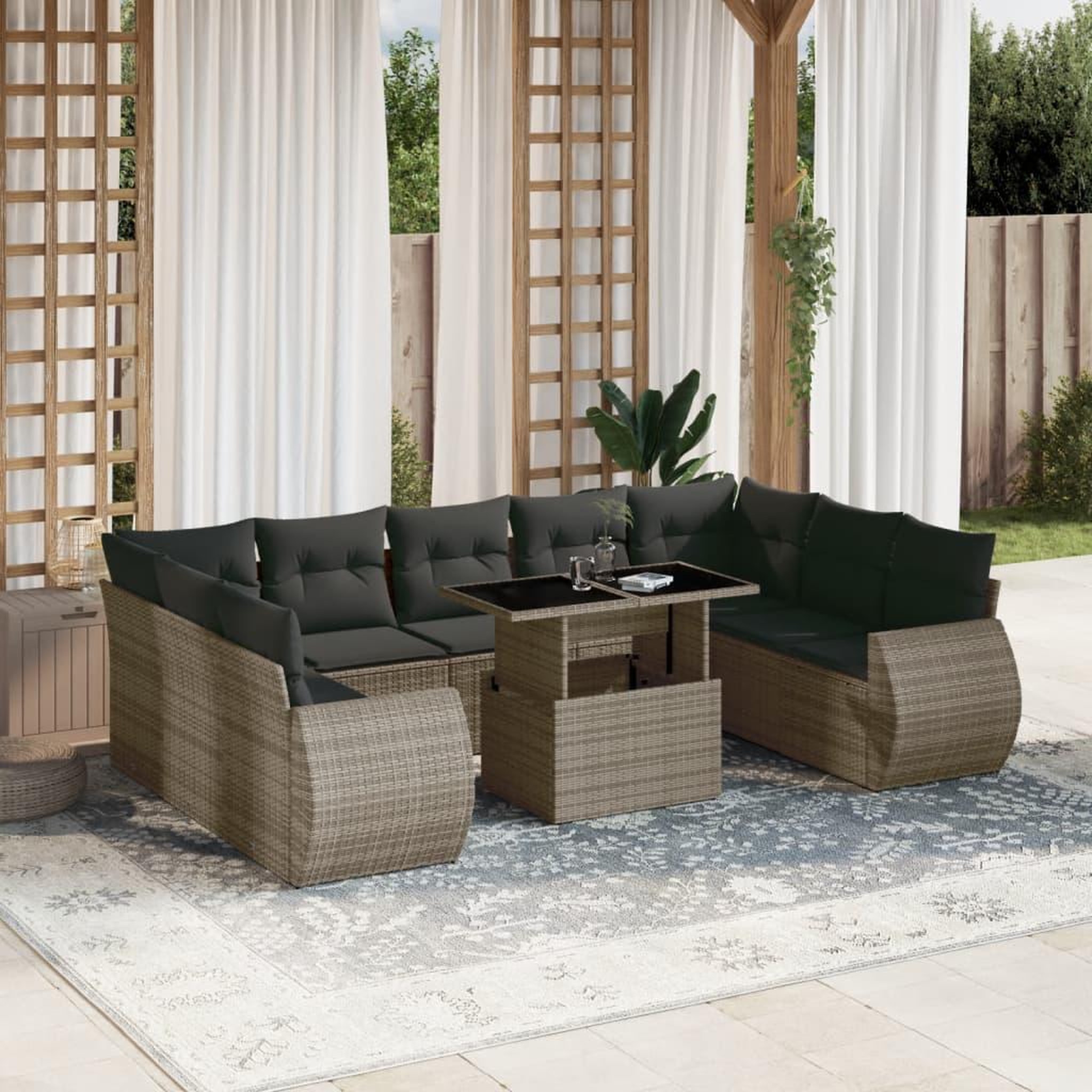 VIDAXL Salon de jardin avec coussins 10 pcs gris resine tressee