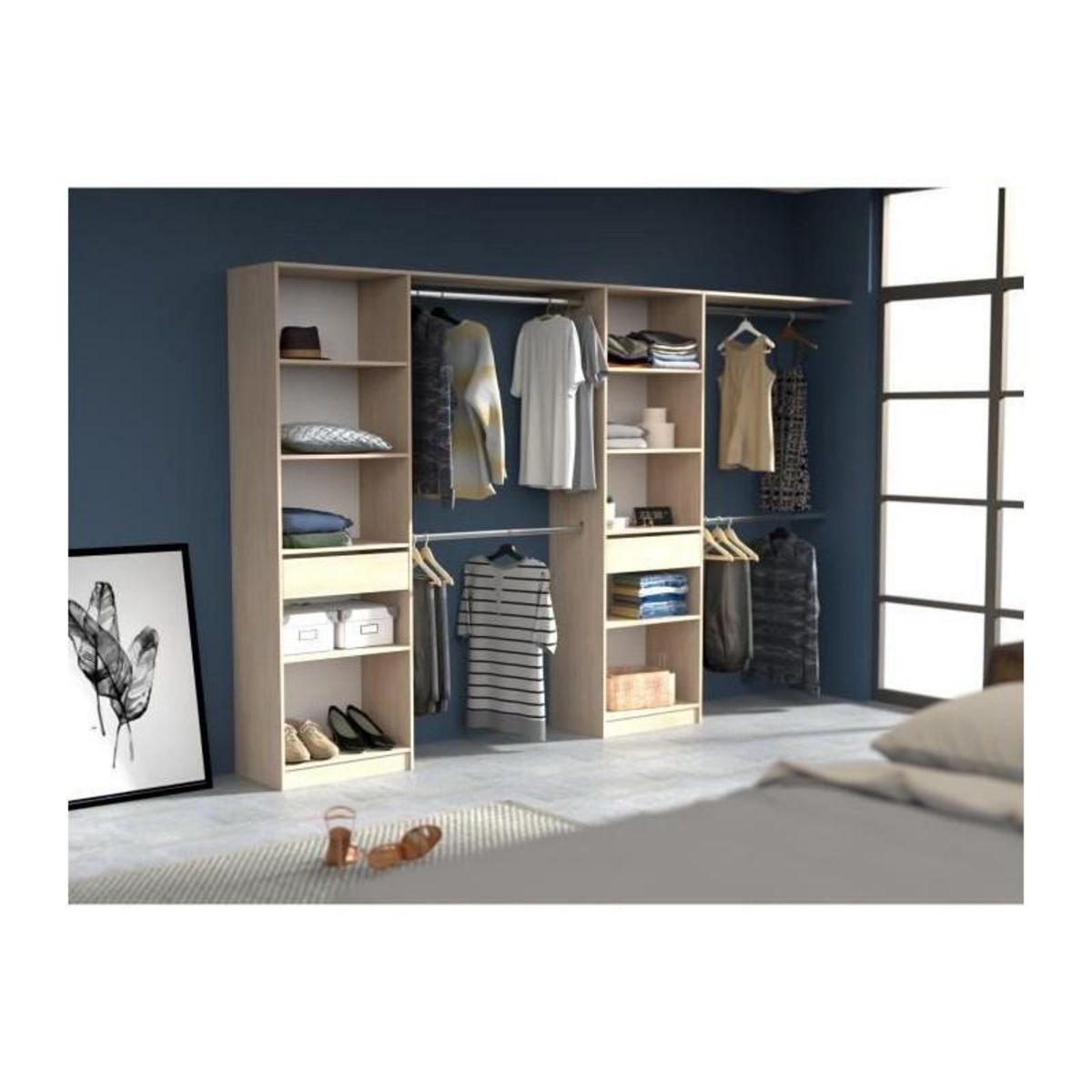 EKIPA EKIPA Dressing extensible - 2 colonnes avec 2 tiroirs et 10 étageres + 4 penderies - Décor chene - L 320 x P 40 x H 200 cm - D