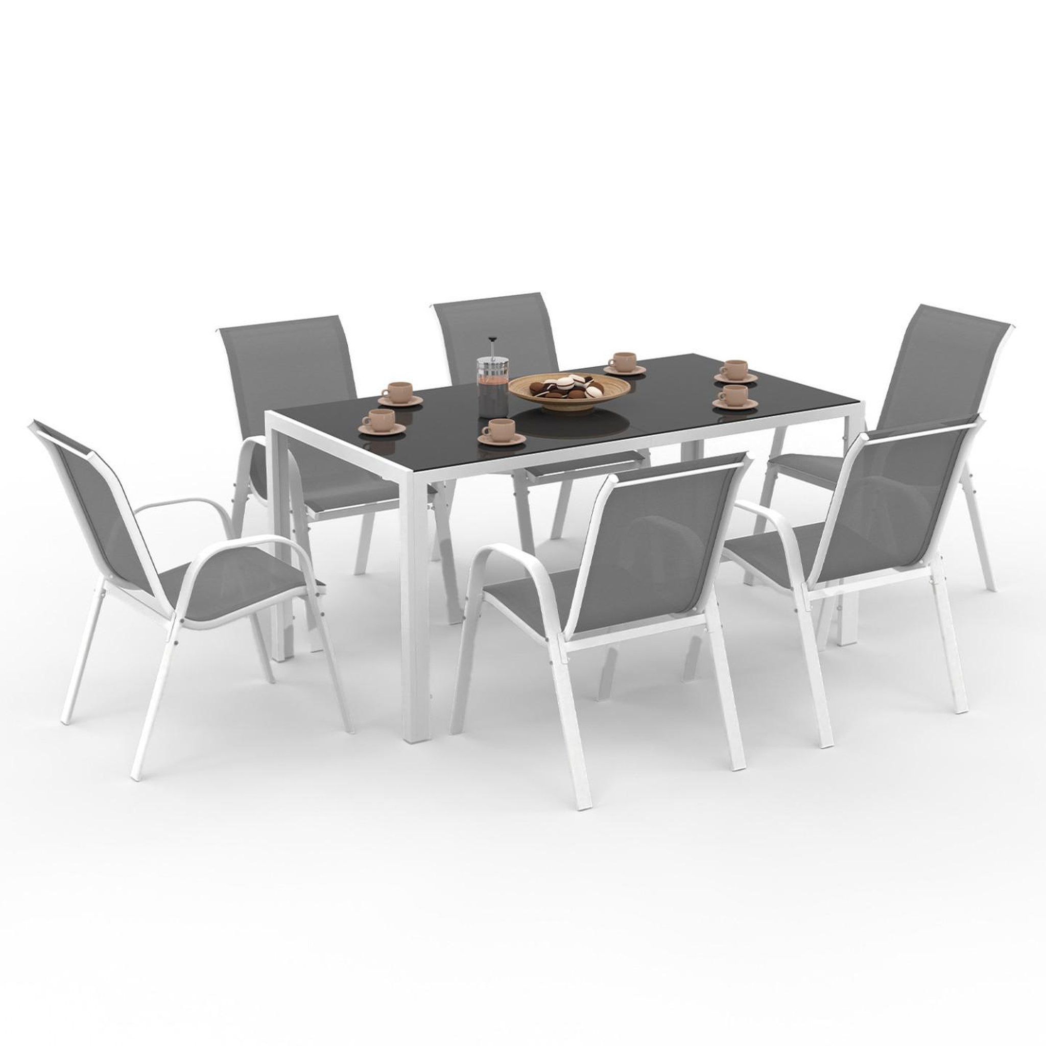 ID MARKET Salon de jardin madrid table 150 cm et 6 chaises empilables blanc et gris