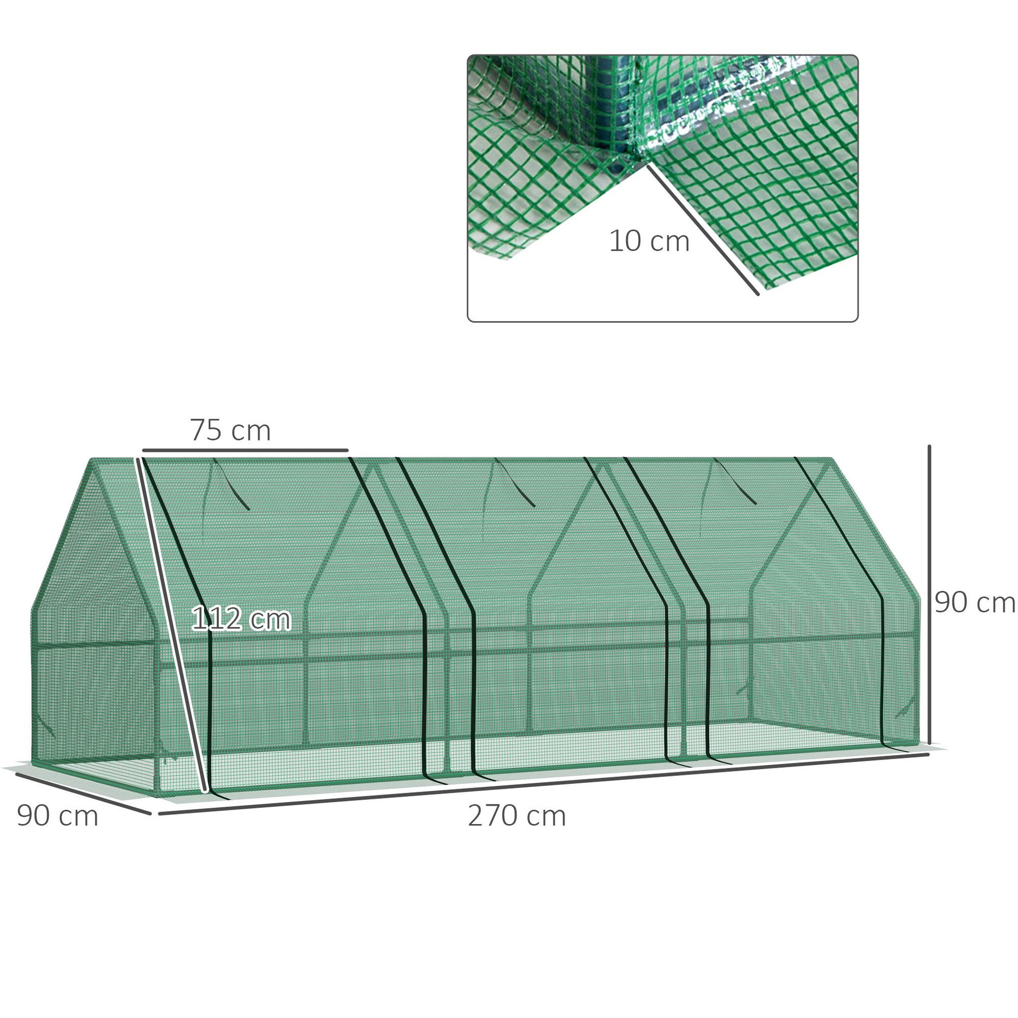 Voir la diapositive 3 : HOMCOM Mini serre de jardin 270L x 90l x 90H cm acier PE haute densité 140 g/m² anti-UV 3 fenêtres avec zip enroulables vert