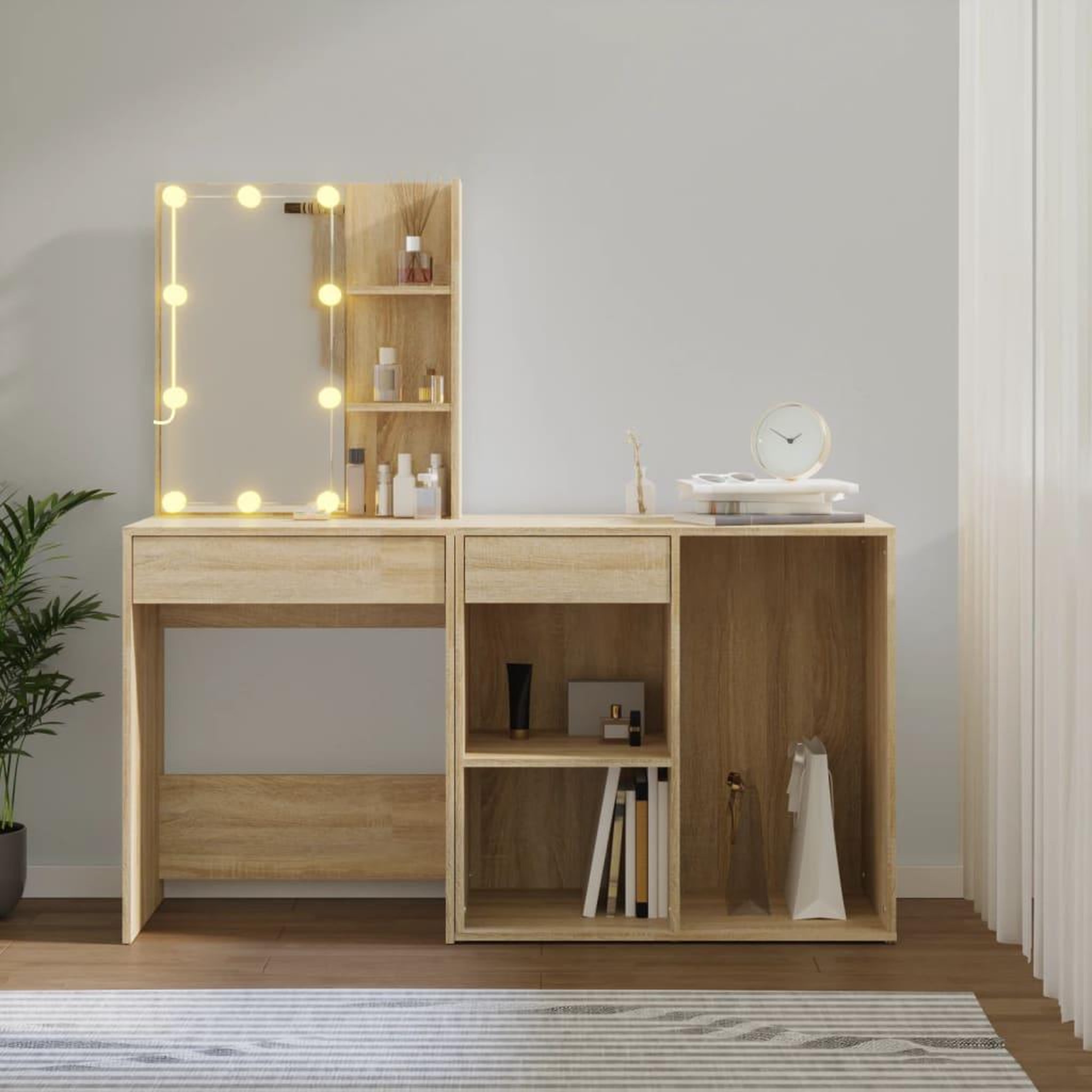 Voir la diapositive 4 : VIDAXL Coiffeuse a LED avec armoire Chene sonoma Bois d'ingenierie