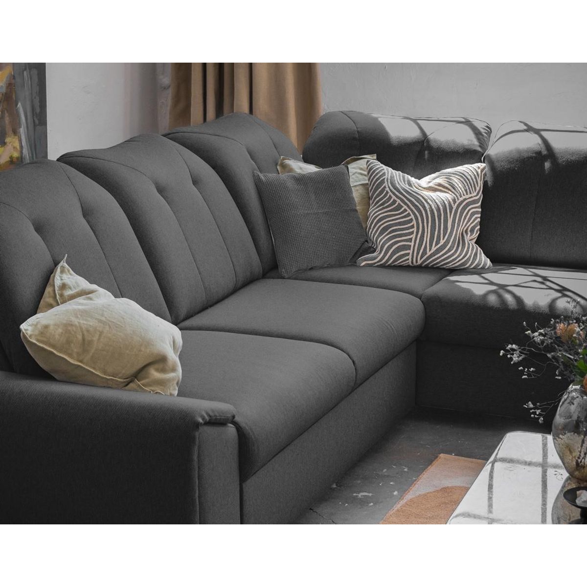 BEST MOBILIER Paul - canapé d'angle droit - 5 places - convertible avec coffre et têtières - en tissu