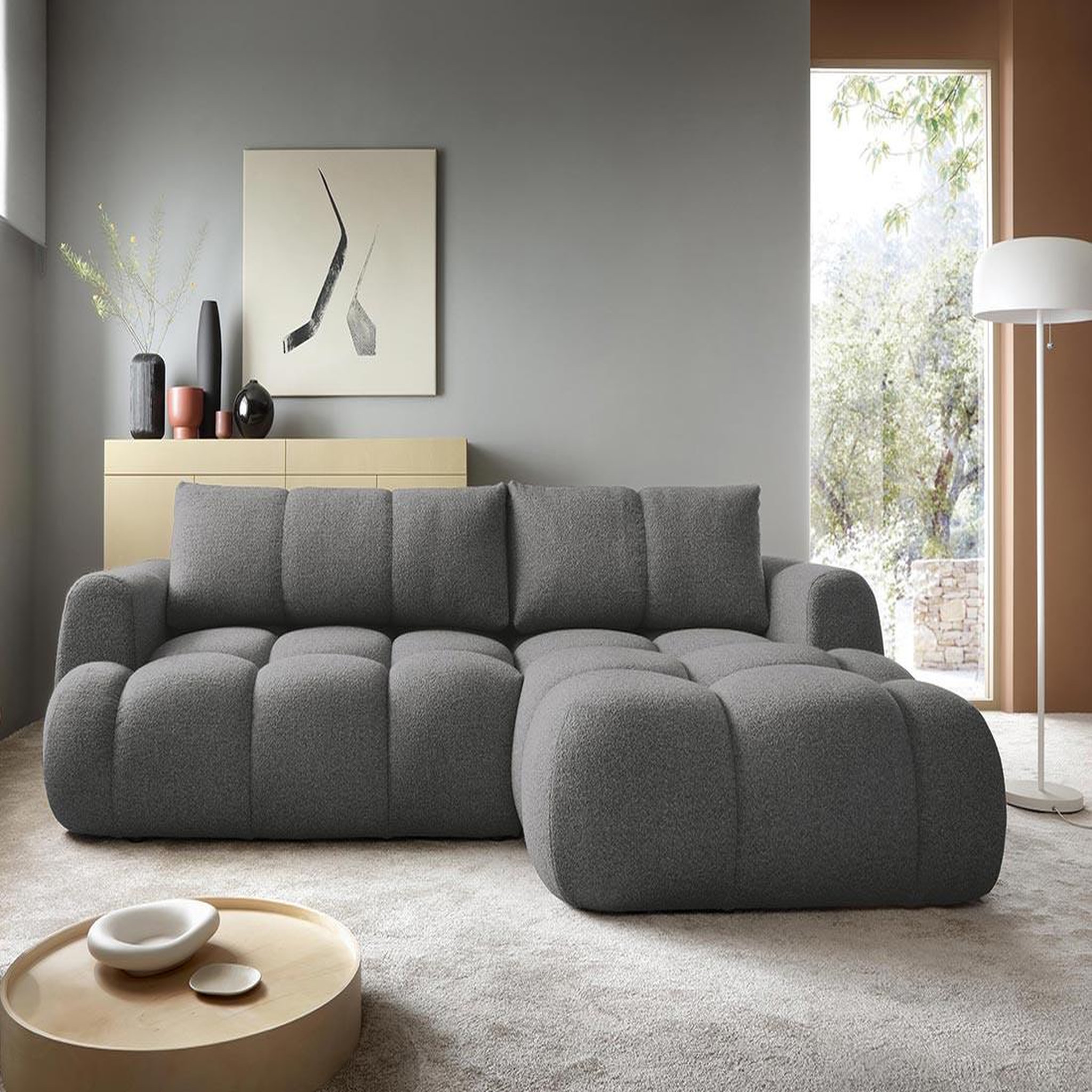 BEST MOBILIER Yulin - canapé d'angle droit 4 places convertible avec coffre en tissu bouclette. Coloris disponibles : Beige, Gris