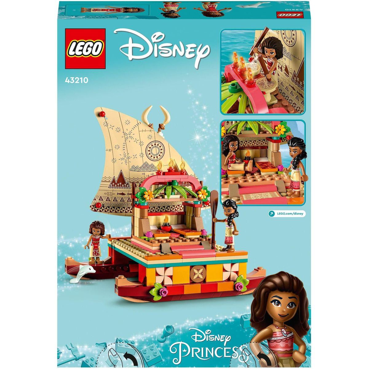 LEGO Disney Princess 43210 Le bateau d'exploration de Vaiana, Jouet avec Mini-Poupée Sina, et Figurine Dauphin