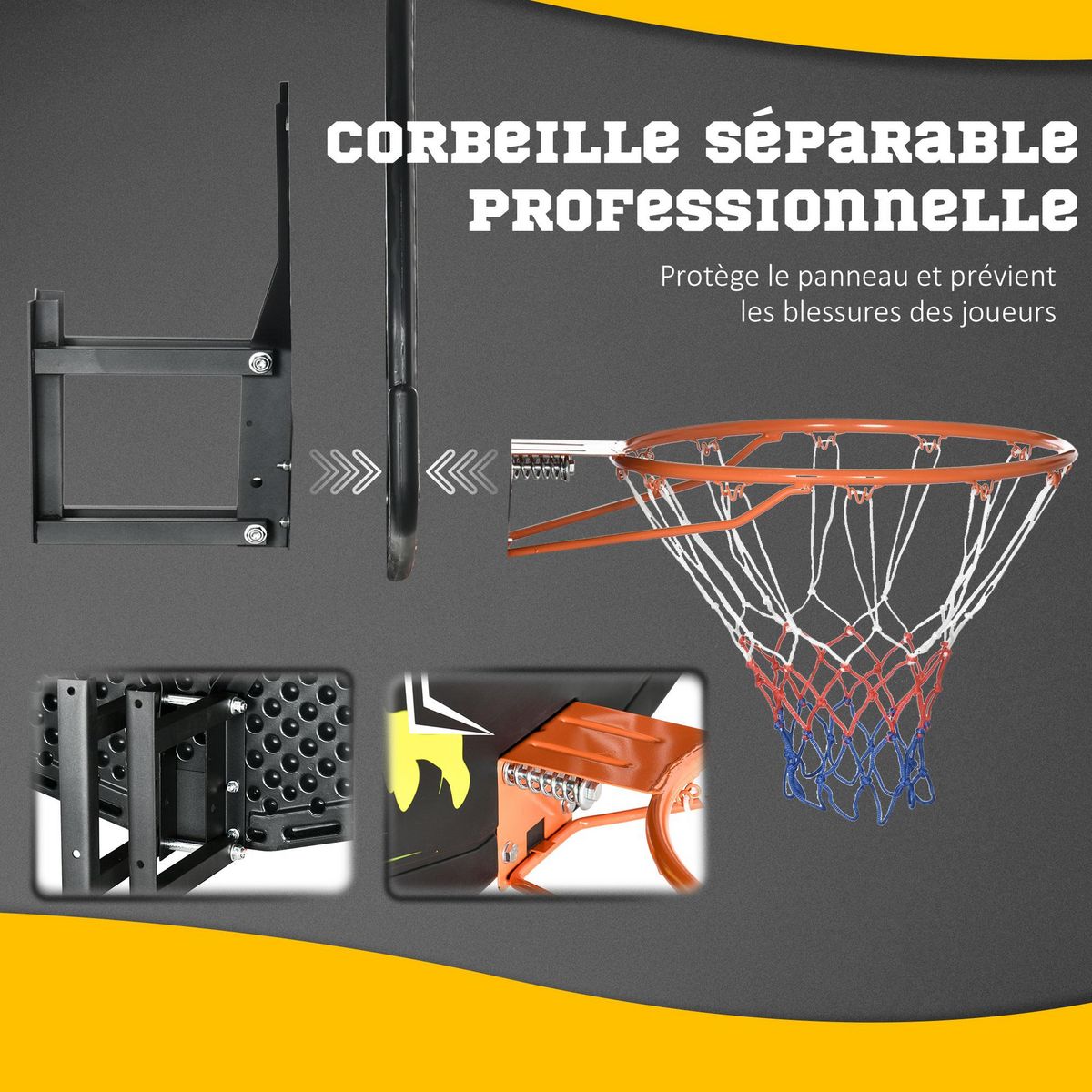 HOMCOM Panier de basket-ball mural avec ressort - panneau de basket à accrocher - visserie incluse - acier PE jaune noir