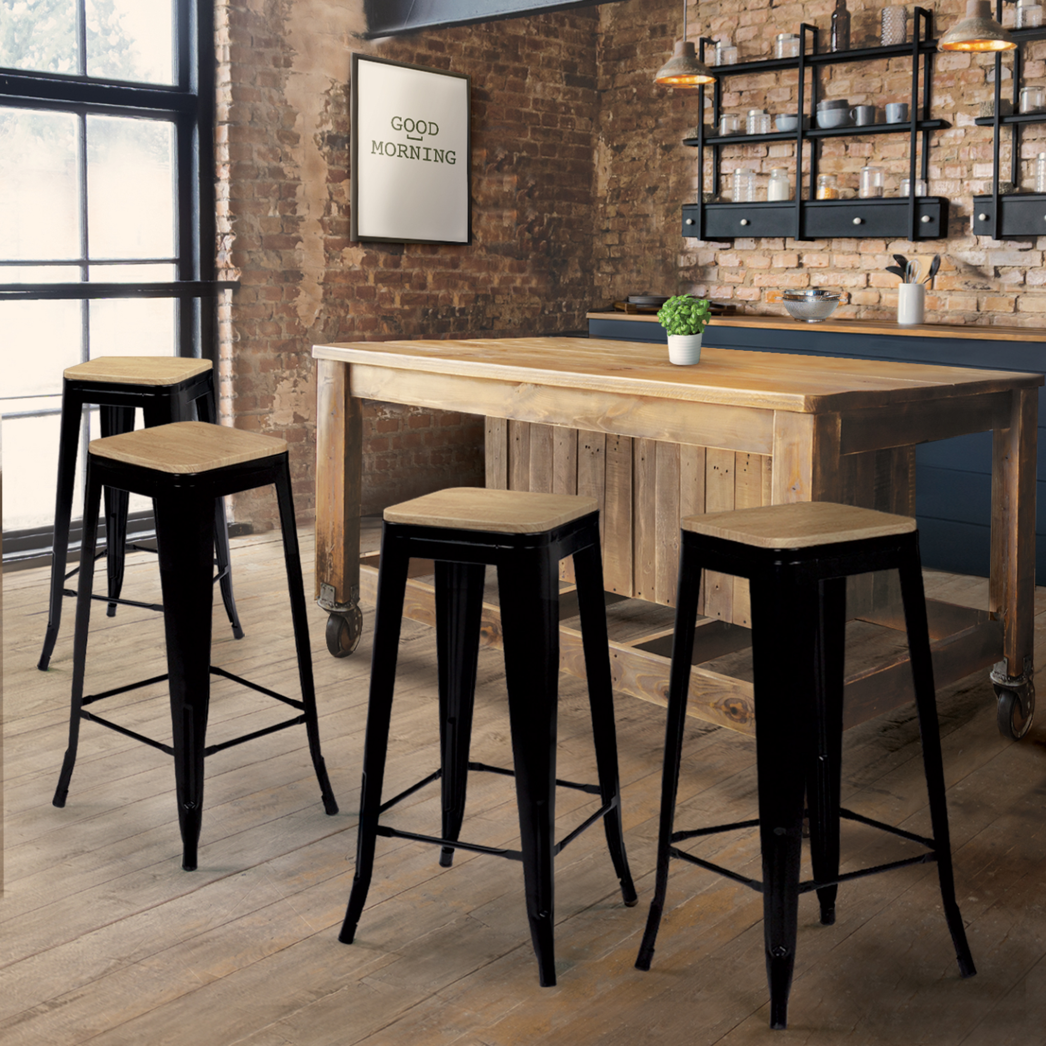 Voir la diapositive 2 : ID MARKET Lot de 4 tabourets de bar leny métal noir mat assise bois empilable aspect brut factory