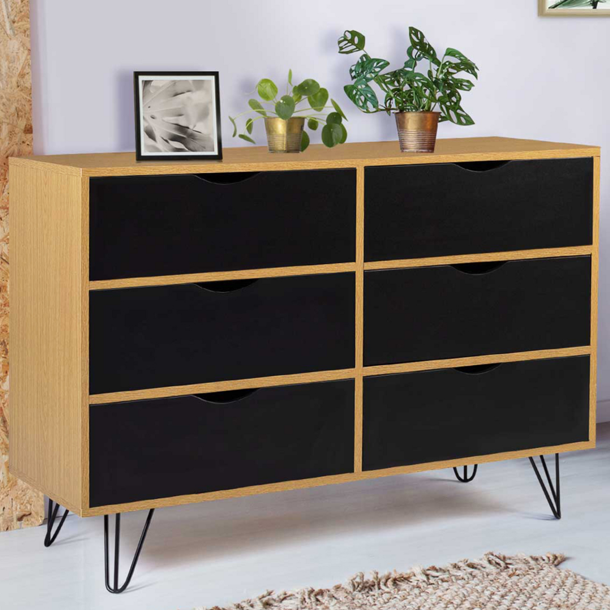 ID MARKET Commode 6 tiroirs vintage NOEMI 110 cm bois pied épingle