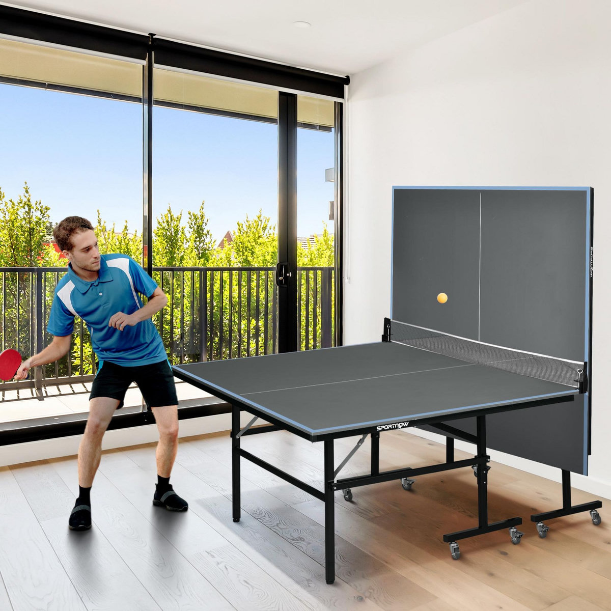 HOMCOM Table de ping pong tennis de table pliable 8 roues - filet, 2 raquettes, 3 balles inclus - noir gris