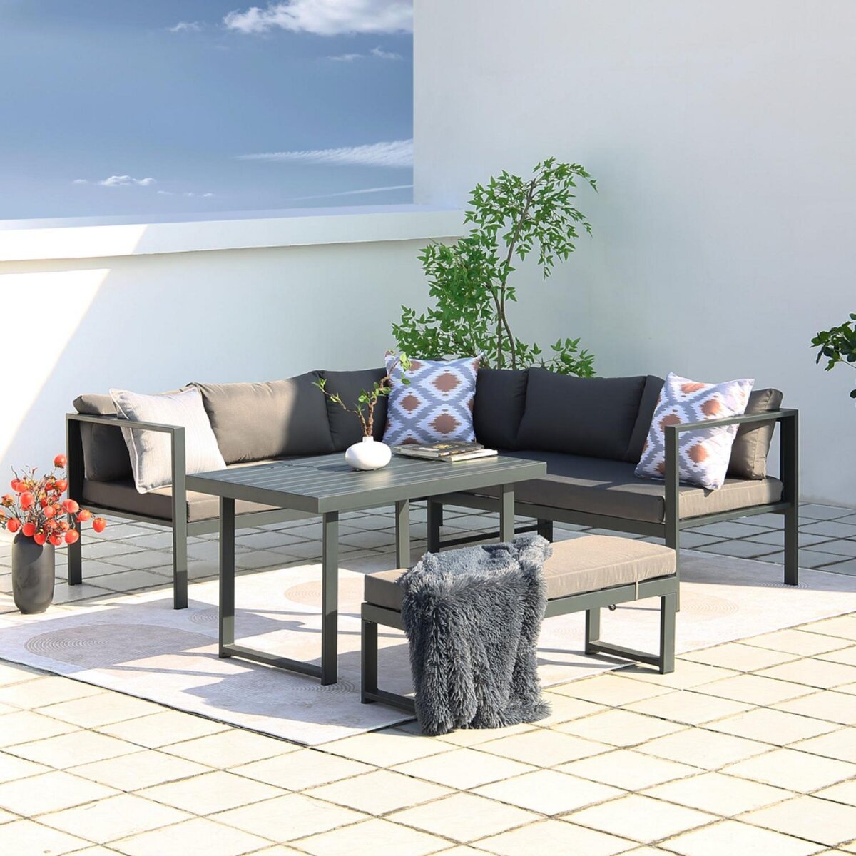 CONCEPT USINE salon de jardin panoramique 8 places en résine tressée noir et gris MARBELLA