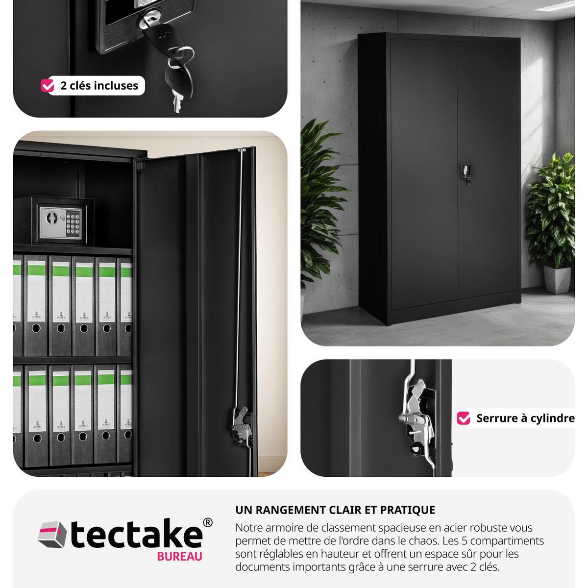 tectake Armoire de classement en métal en Acier lâqué époxy noir