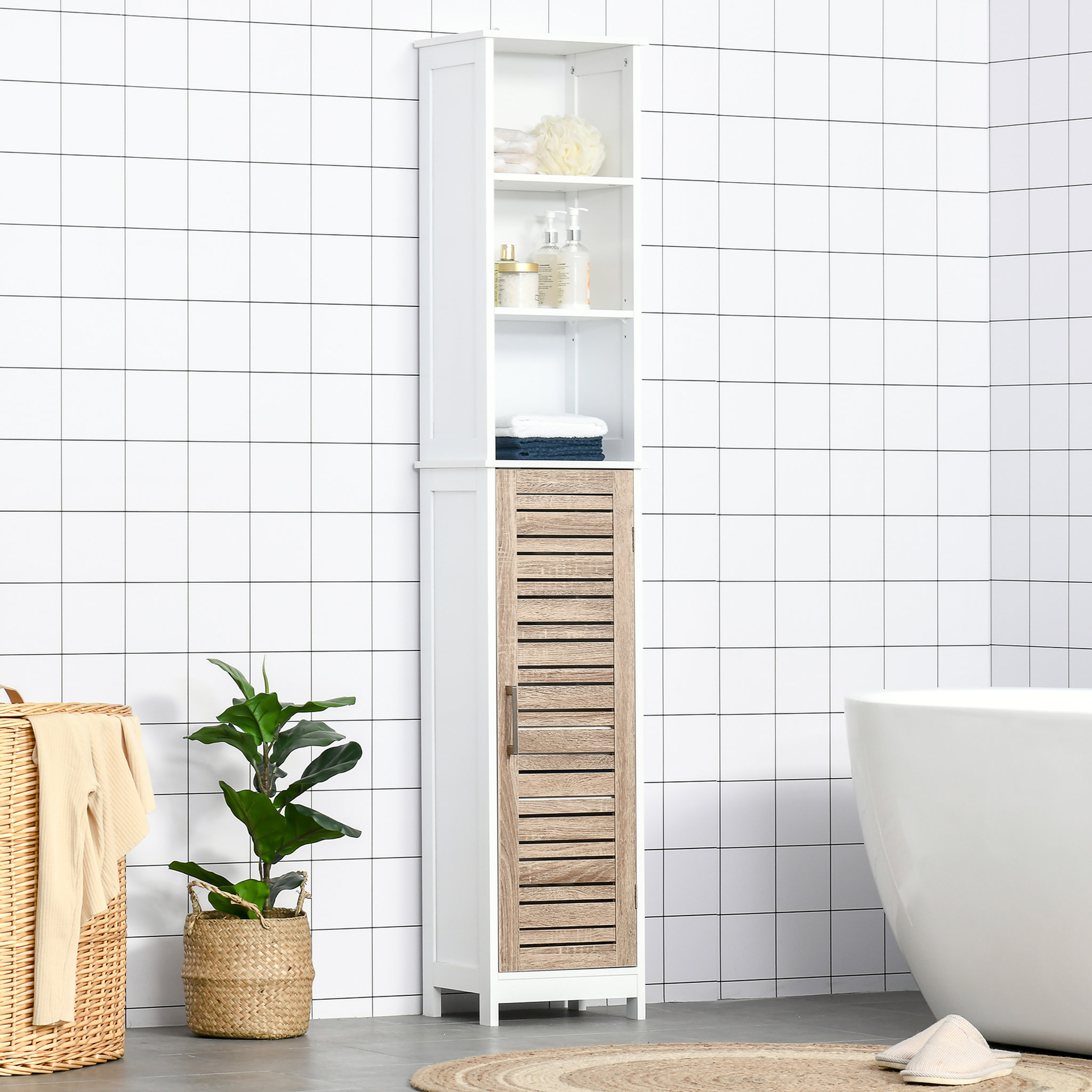 Voir la diapositive 4 : KLEANKIN Meuble colonne rangement salle de bain style cosy dim. 34L x 26l x 172H cm 3 niches porte aspect bois lattes 3 étagères