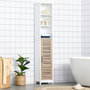 Voir la diapositive 4 : KLEANKIN Meuble colonne rangement salle de bain style cosy dim. 34L x 26l x 172H cm 3 niches porte aspect bois lattes 3 étagères