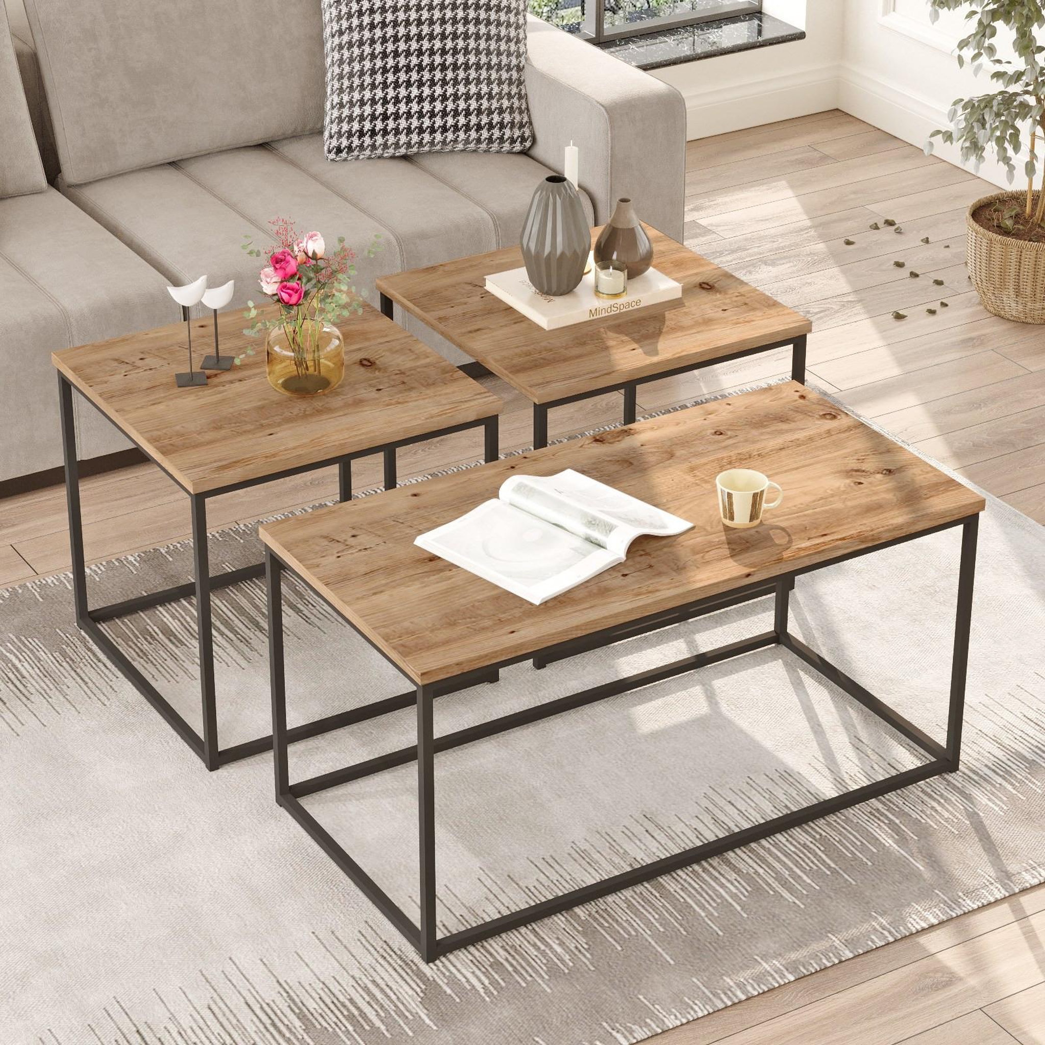 Voir la diapositive 4 : Habitat et Jardin Lot de 3 tables basse en bois  vg9  - 90 x 45 x 44 cm - pin atlantique