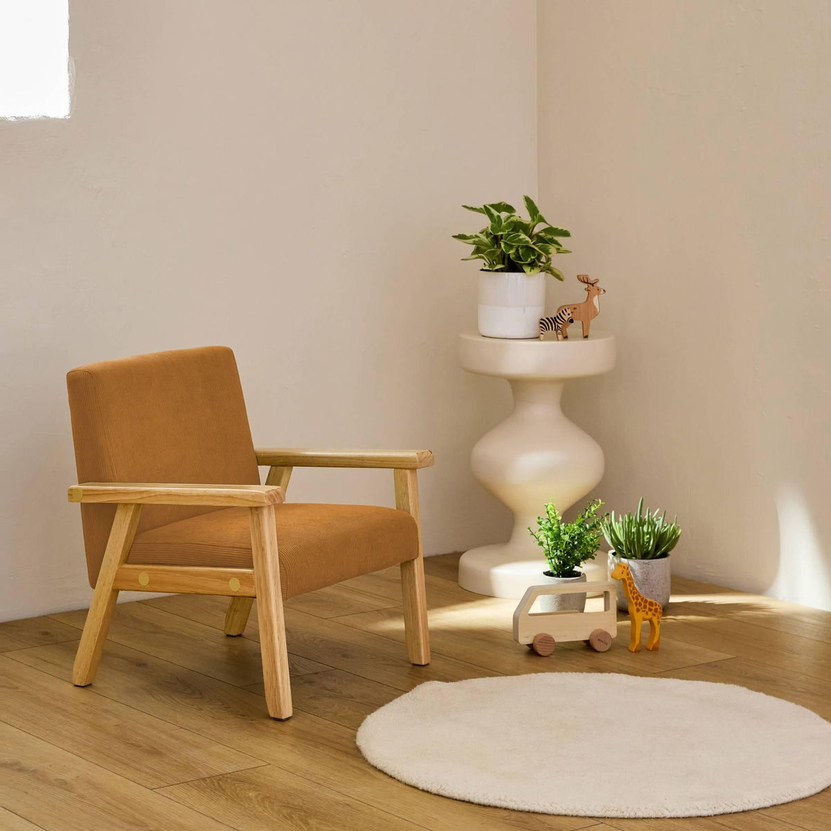 SWEEEK Fauteuil enfant en bois et velours côtelé moutarde. ISAK L 47 x P 43.5 x H 50cm
