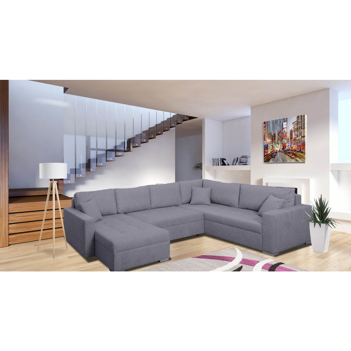 Canapé d'angle droit convertible panoramique 5 places tissu avec coffre MAGNUS