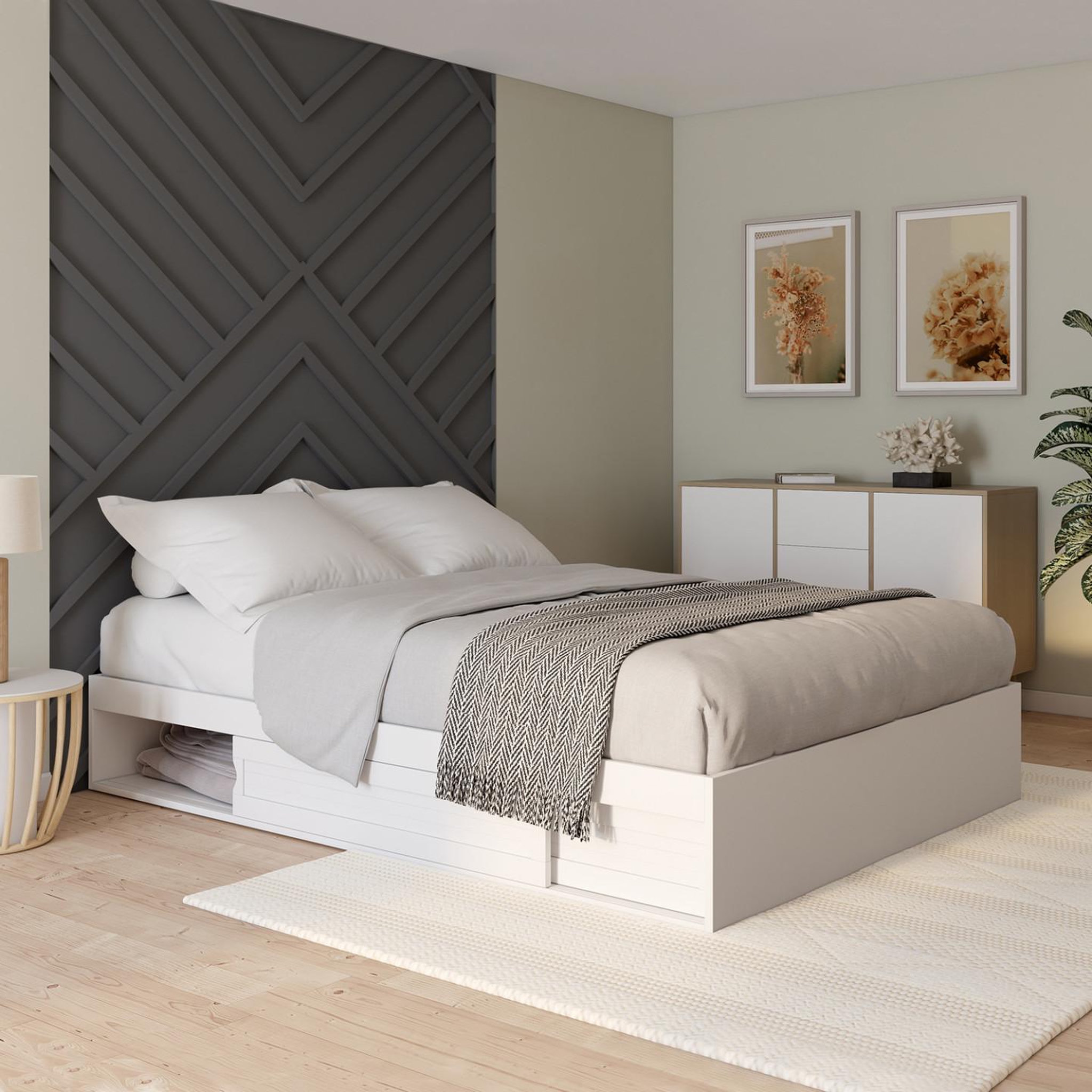 Voir la diapositive 2 : ID MARKET Cadre de lit double salem avec rangements et sommier 140 x 190 cm blanc