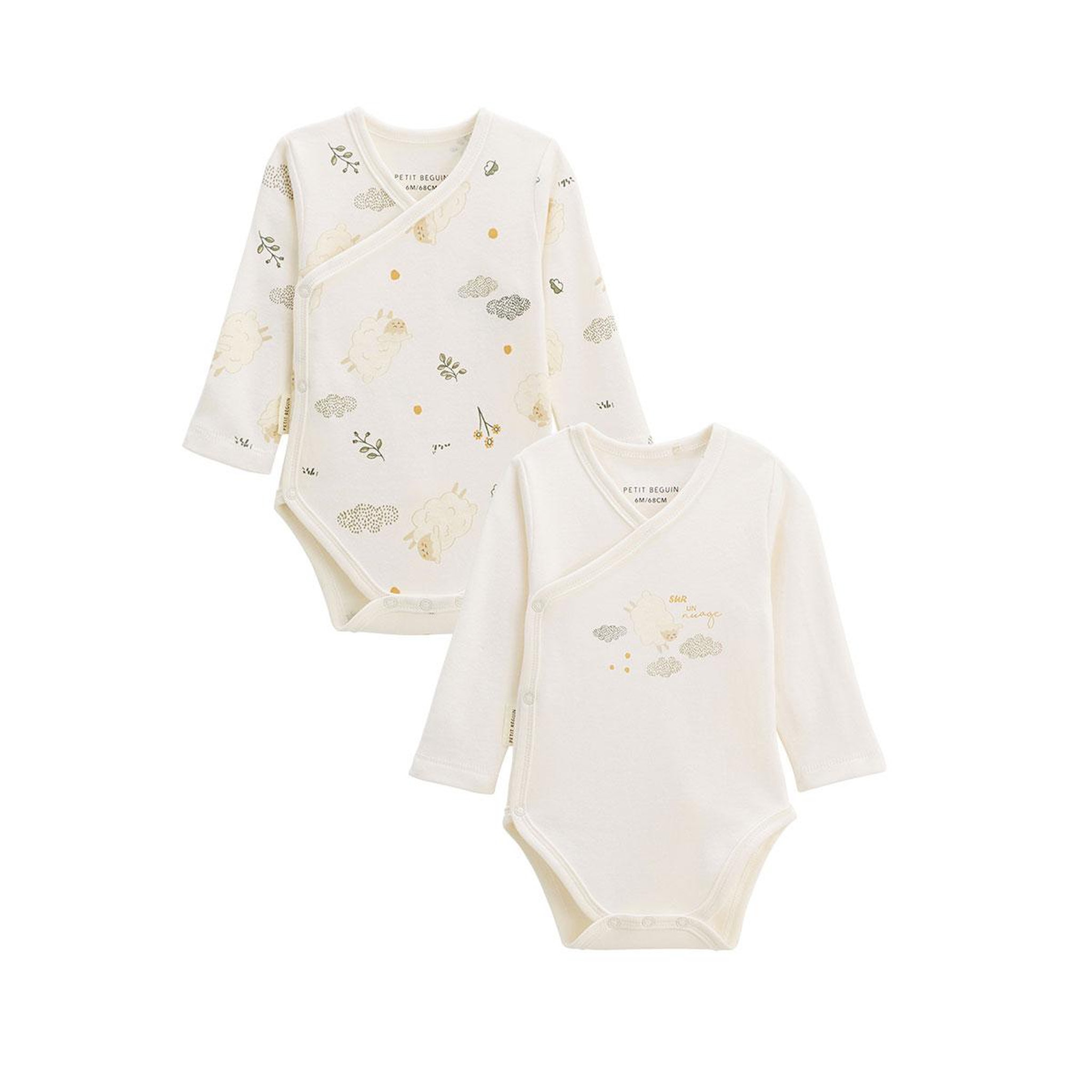 Petit Béguin Lot de 2 bodies bébé manches longues ouverture croisée Câlins. Coloris disponibles : Beige