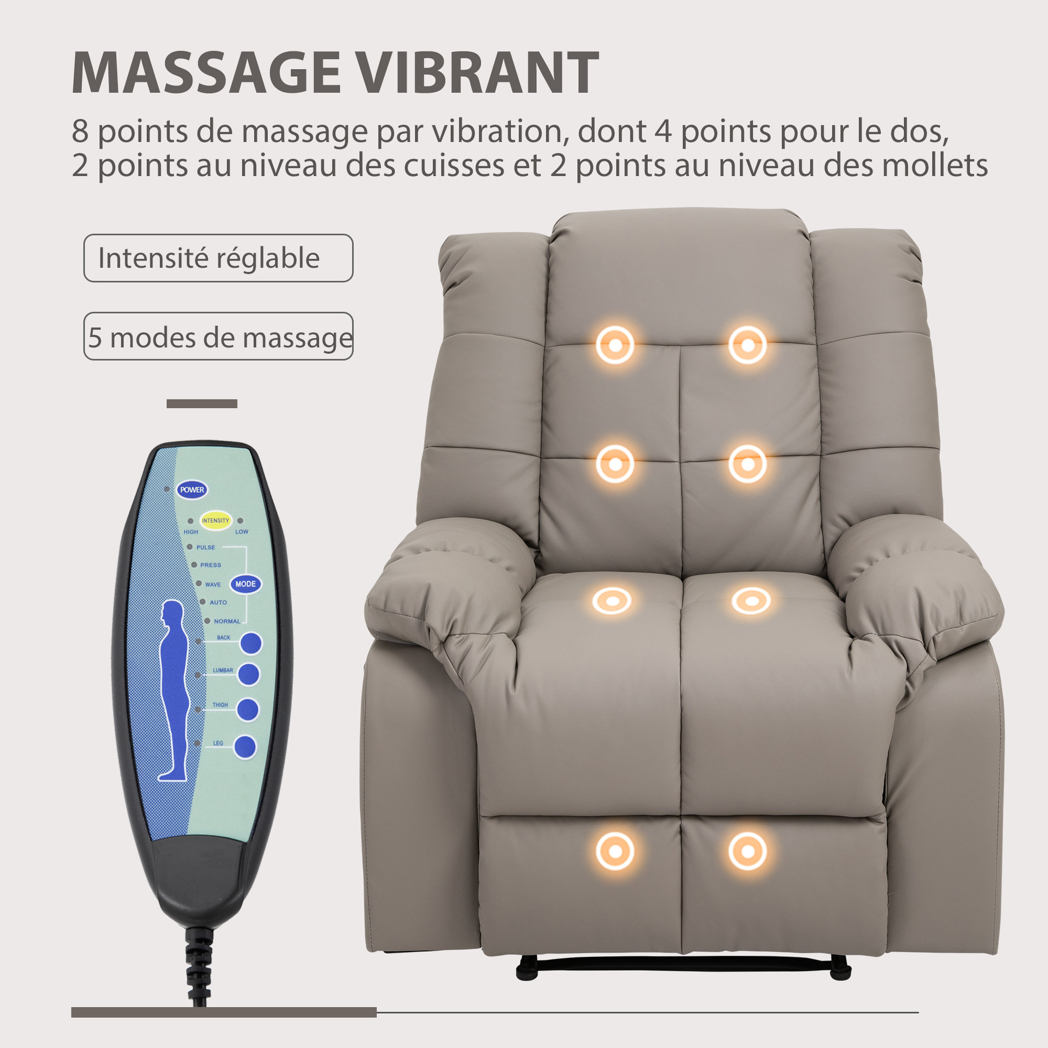 Voir la diapositive 4 : HOMCOM Fauteuil luxe de relaxation et massage inclinaison dossier repose-pied réglable revêtement synthétique gris