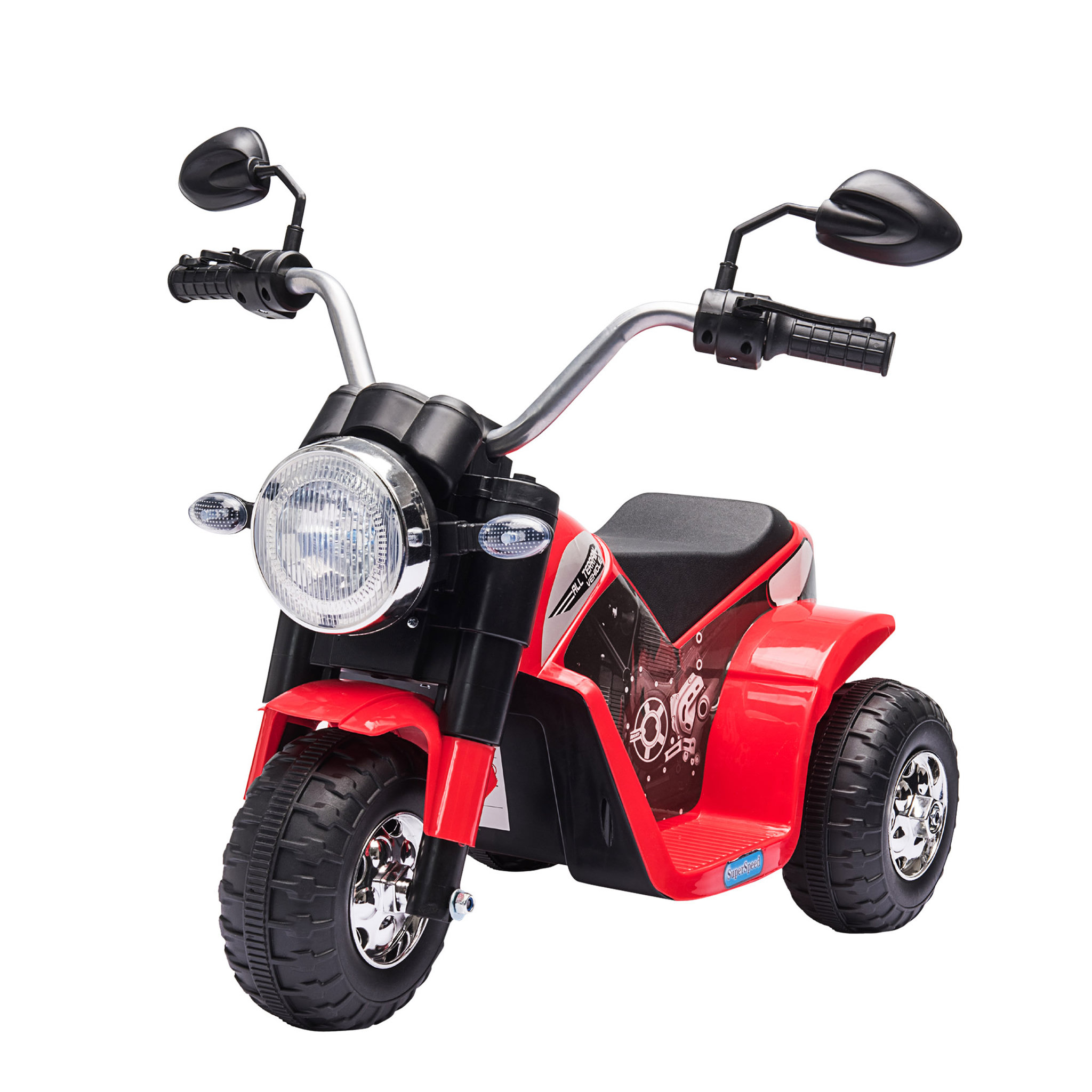 Voir la diapositive 1 : HOMCOM Moto électrique enfant chopper tout-terrain  6 V 20 W marche AV AR 3 roues effets lumineux et sonores rouge noir