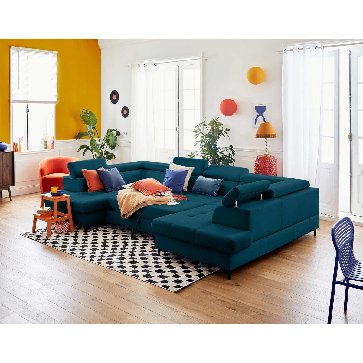 LISA DESIGN Merida - canapé panoramique en u - 7 places - convertible avec coffres et têtières réglables - en velours