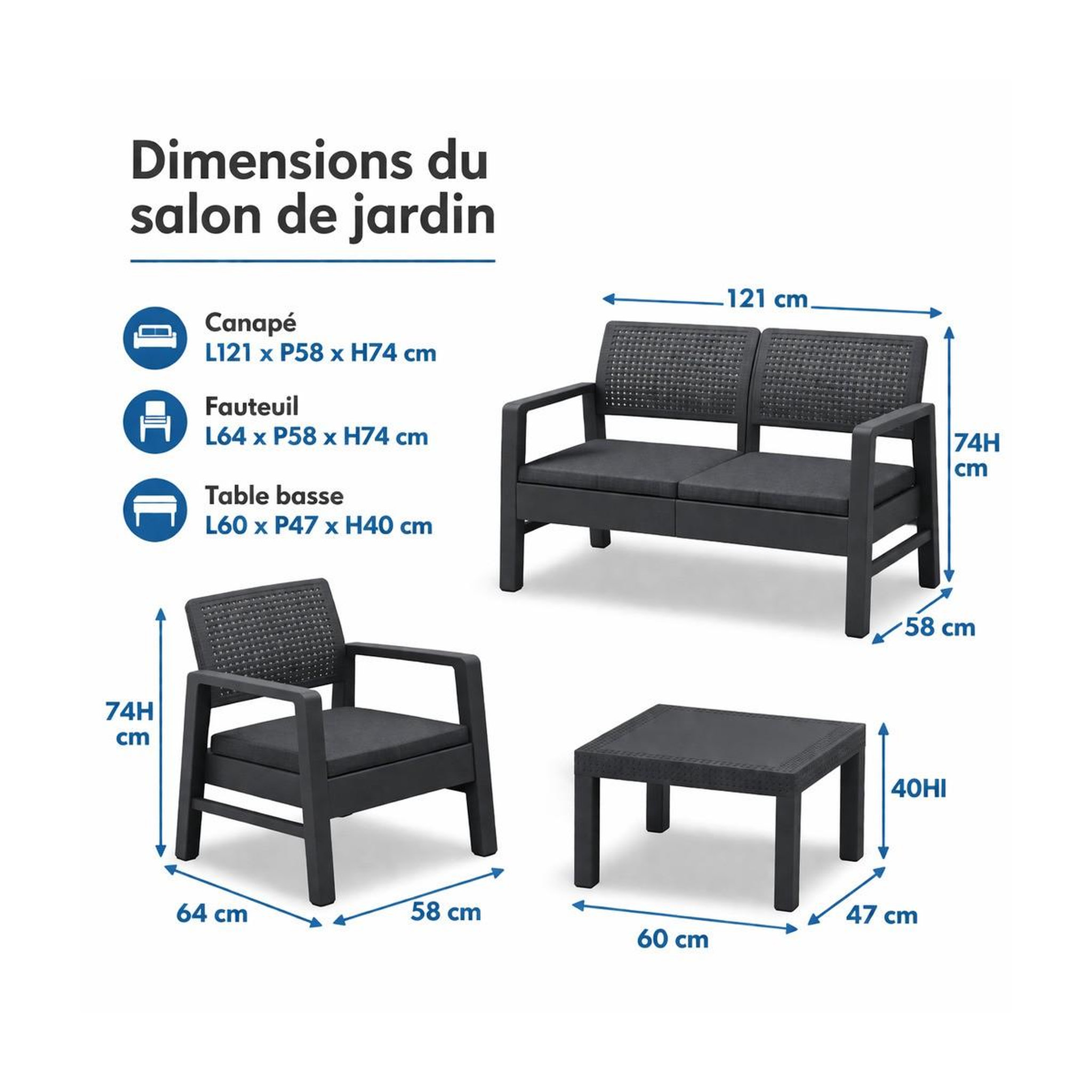 Voir la diapositive 2 : KZ GARDEN Salon de jardin extérieur 4 personnes gris anthracite canapé 2 places + 2 fauteuils + table basse + 4 coussins kz garden