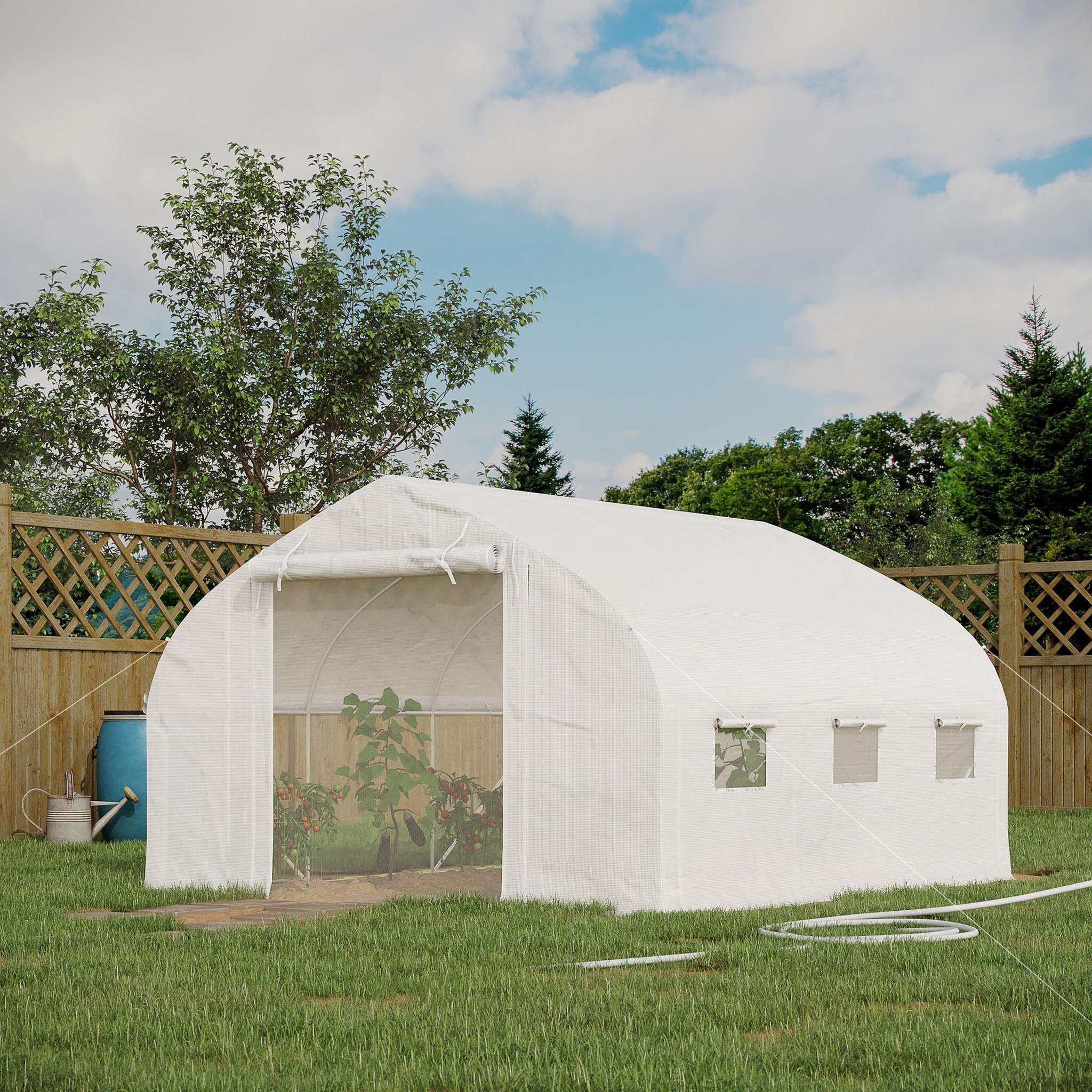 OUTSUNNY Serre de jardin tunnel 10,4 m² - 6 fenêtres et porte zippée avec moustiquaires - acier galvanisé pe blanc