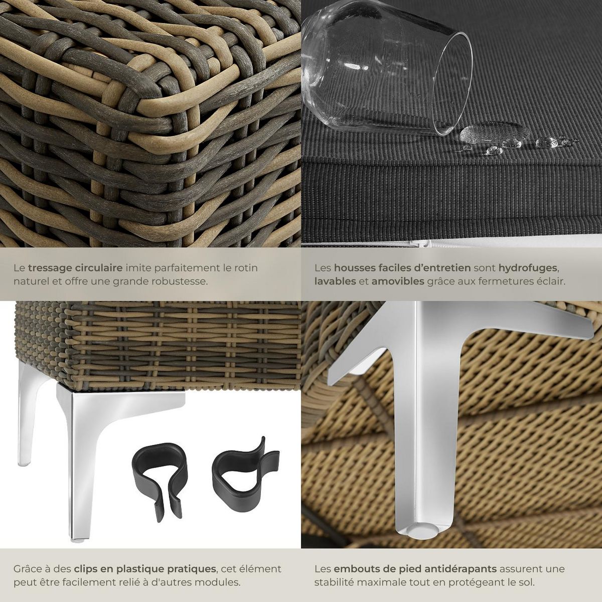 tectake Ensemble modulable en rotin naturel coin droit structure en aluminium gris anthracite chiné