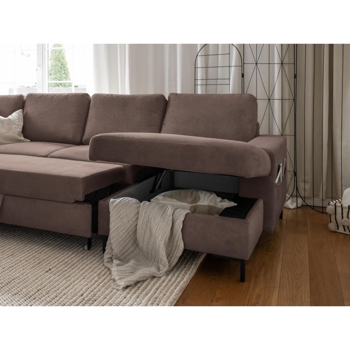 BEST MOBILIER Lilly - canapé panoramique d'angle gauche - 7 places - convertible avec coffre - en velours côtelé