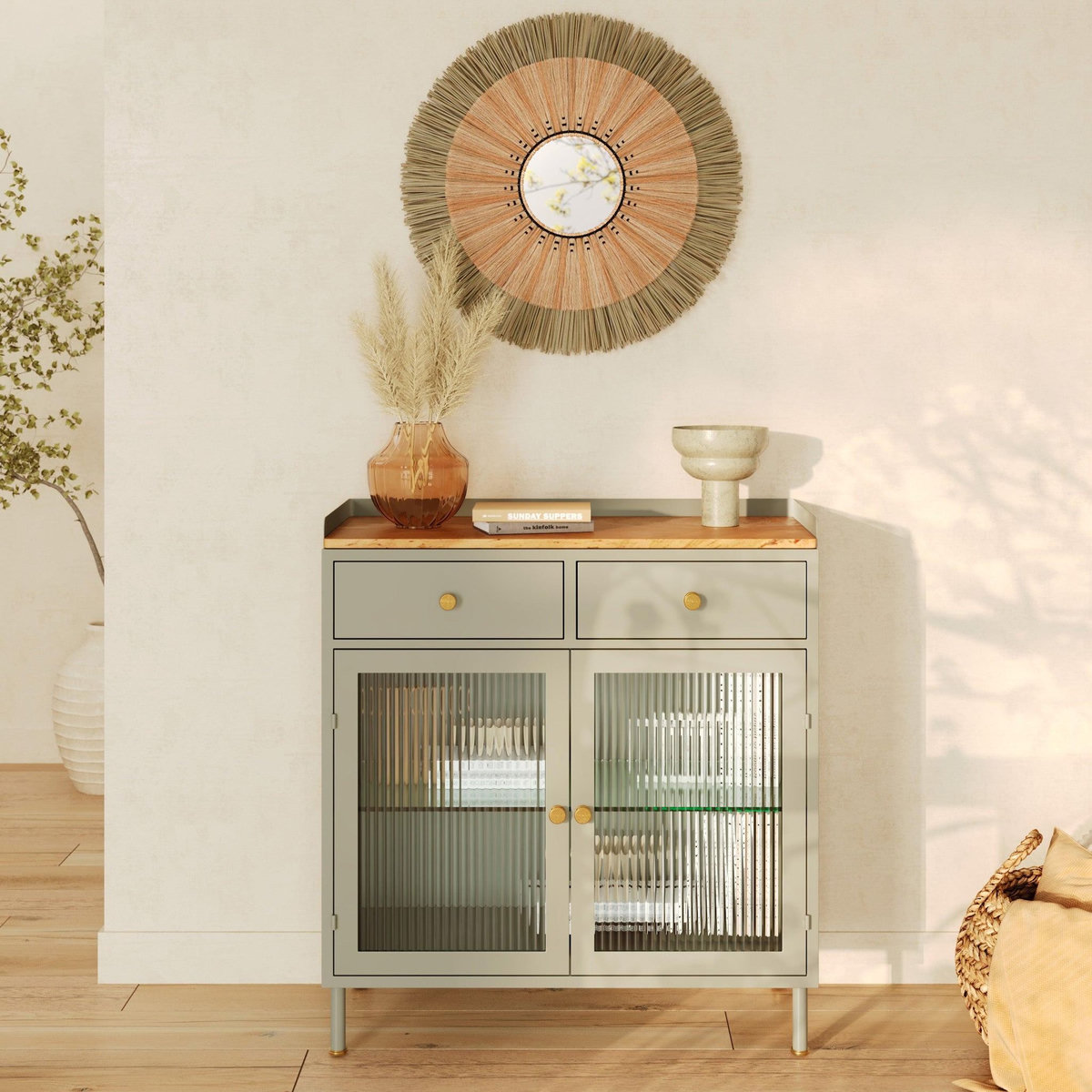 Rendez vous déco Buffet 2 portes 2 tiroirs en métal vert, manguier et verre-Marnie
