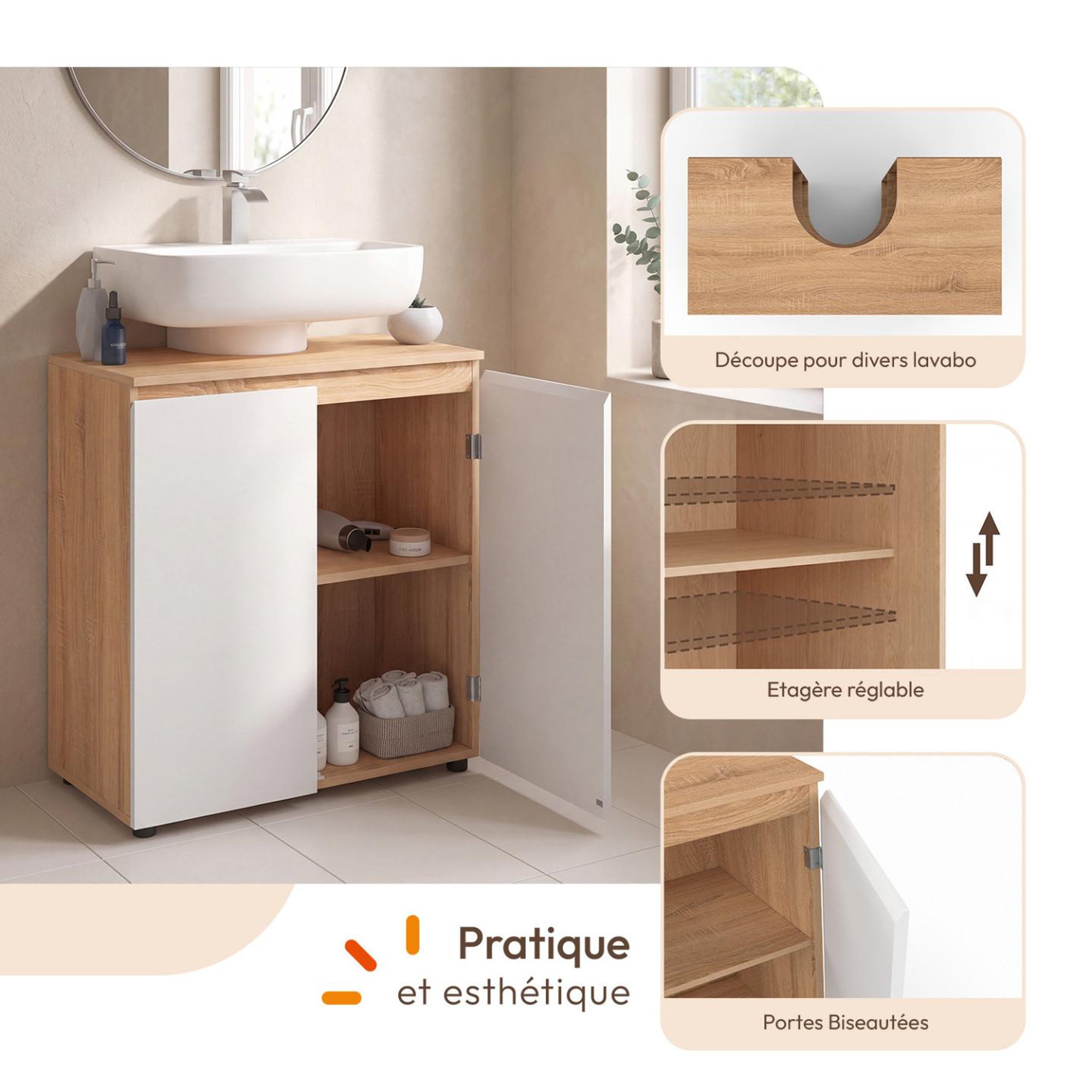 Voir la diapositive 3 : ID MARKET Meuble sous lavabo salle de bain tomi façon hêtre et blanc