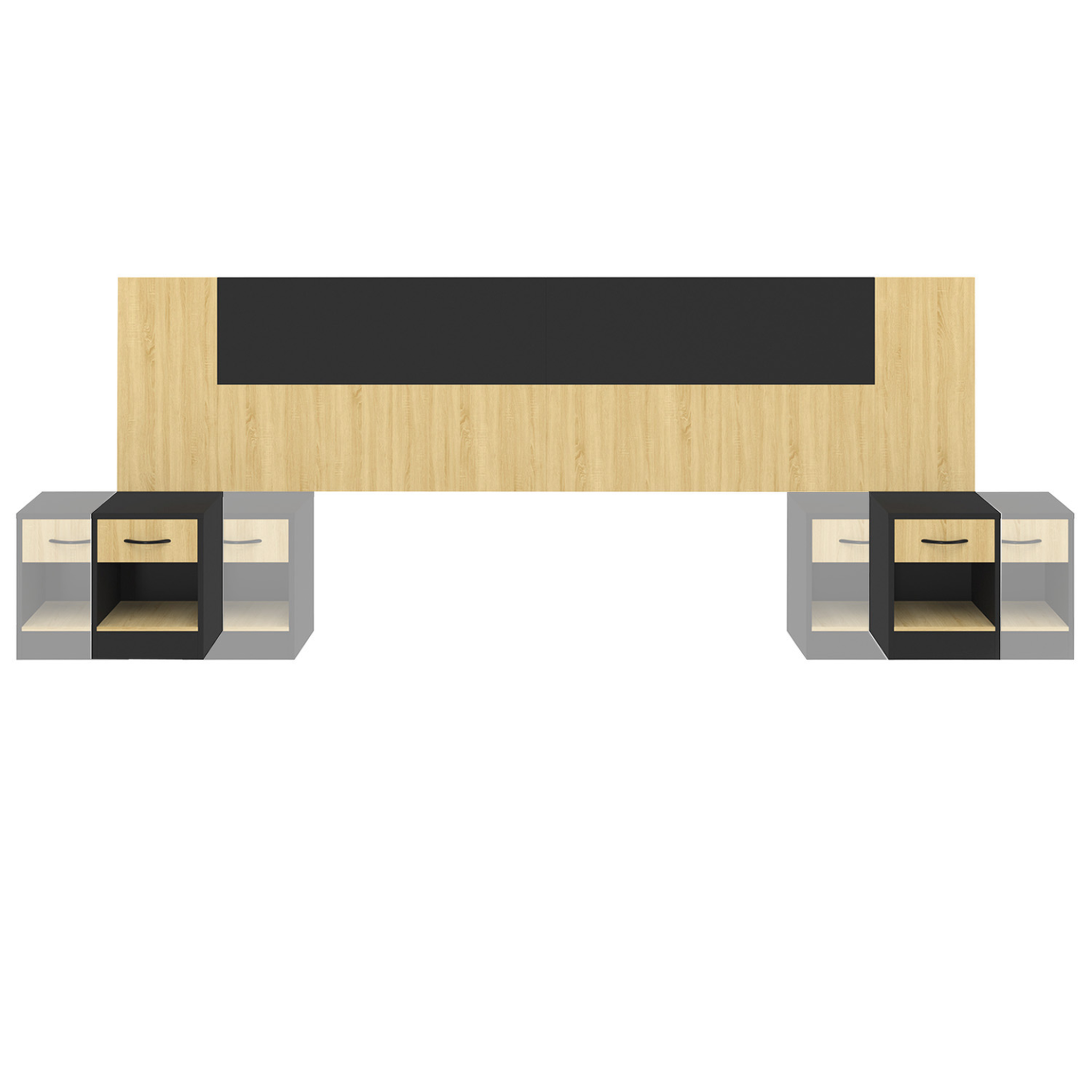 Voir la diapositive 3 : ID MARKET Tête de lit sur pied avec chevets modulables sapa pour lit 140, 160 ou 180 cm bois et noir