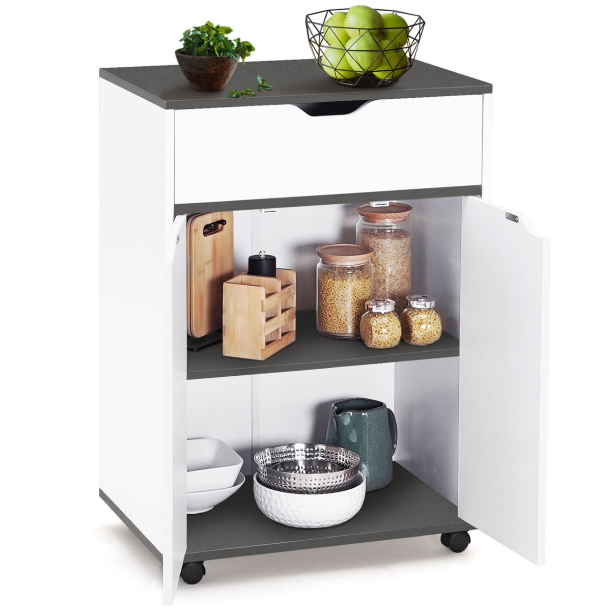 ID MARKET Desserte de cuisine COSY placard avec tiroir bois blanc et plateaux gris L.60 CM