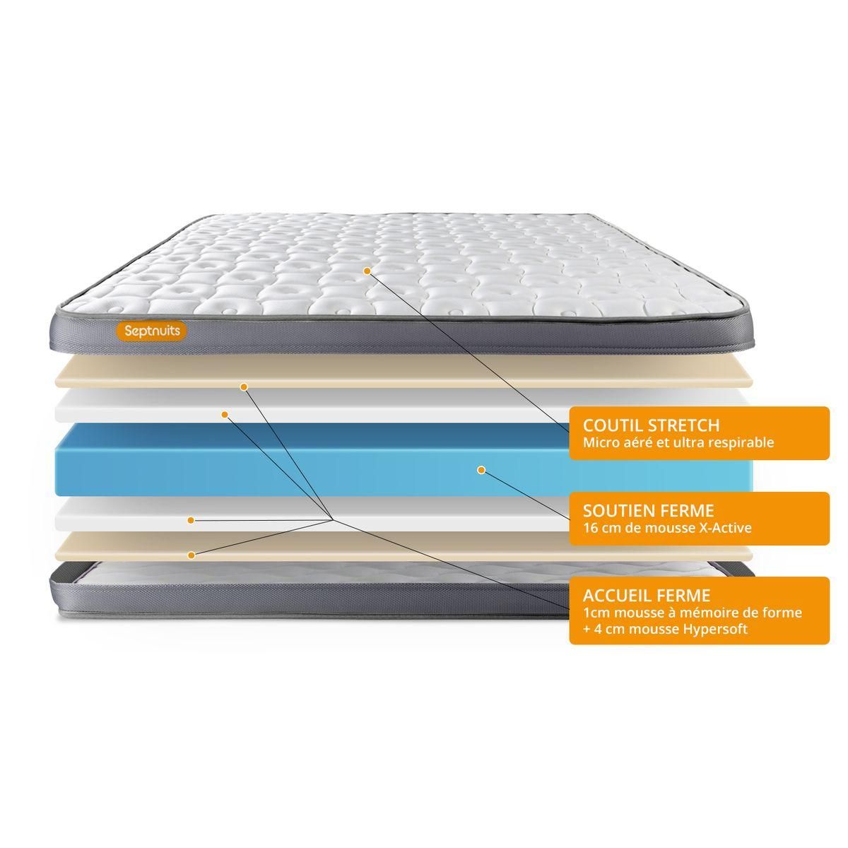 SEPTNUITS PACK matelas + sommier Memo Plus Mémoire de forme 3 zones + 2 oreillers + couette
