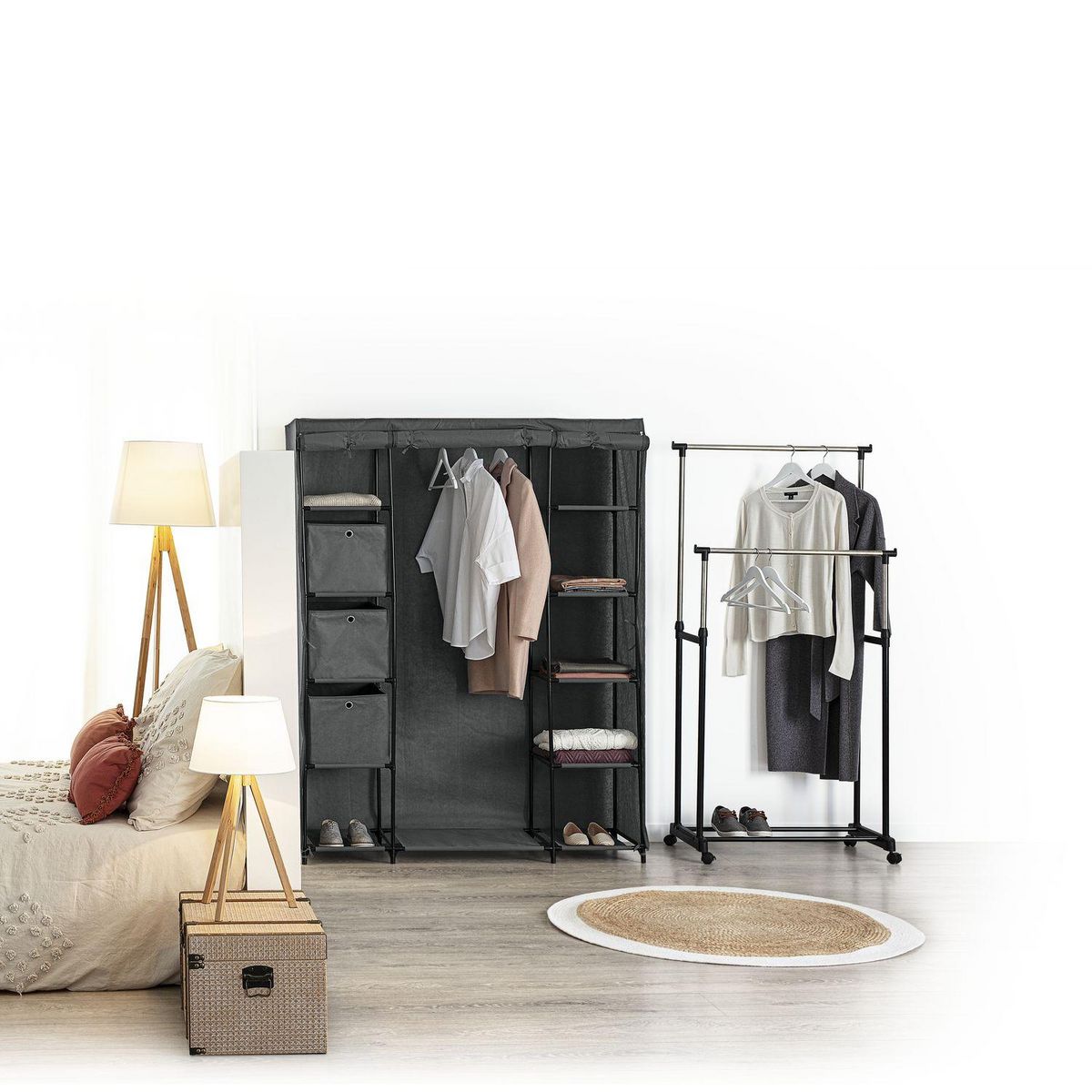 FIVE Armoire en tissu avec penderie, étagères et boites de rangement - Gris anthracite