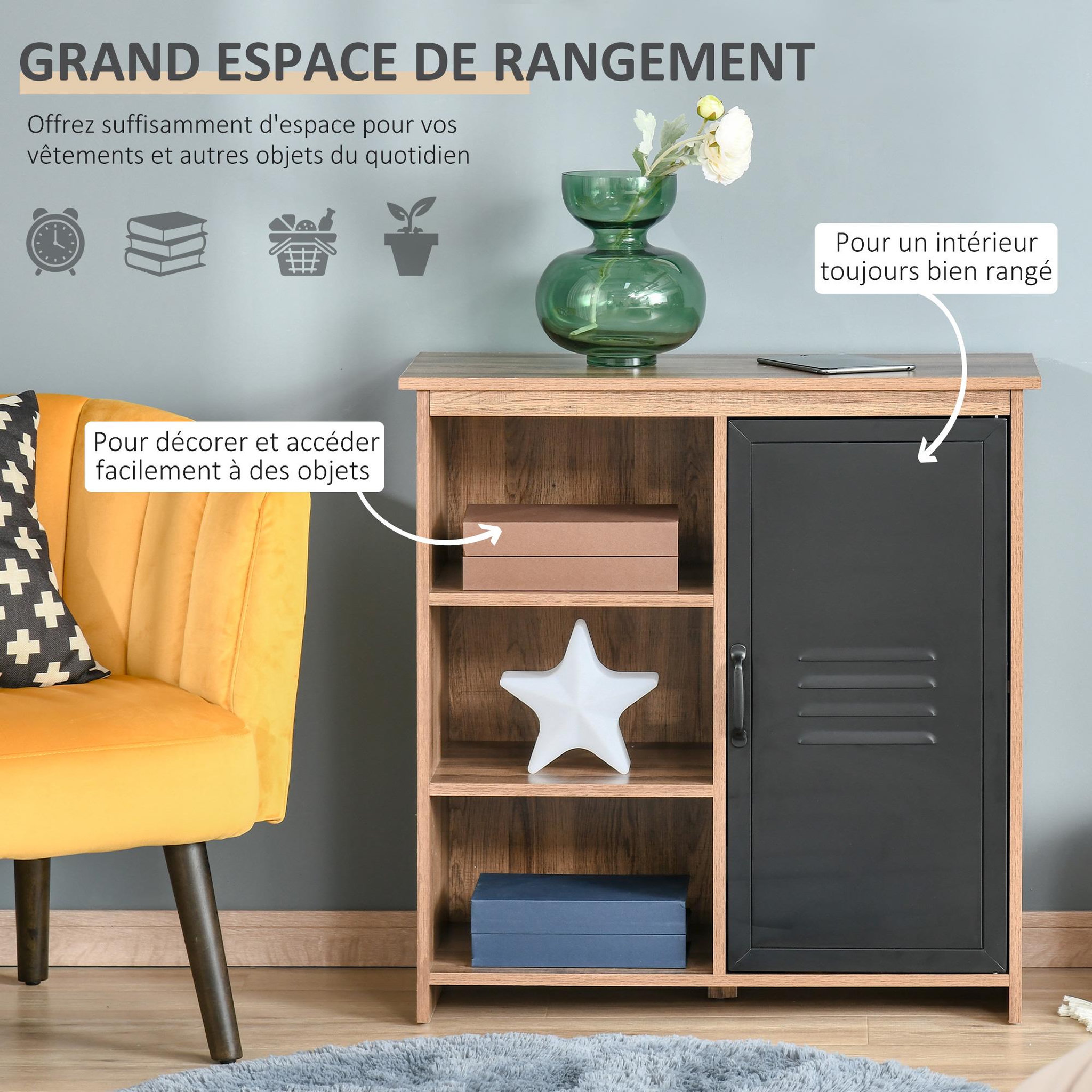 Voir la diapositive 5 : HOMCOM Buffet design industriel - meuble de rangement 3 niches placard - panneaux particules aspect bois veinage porte métal noir