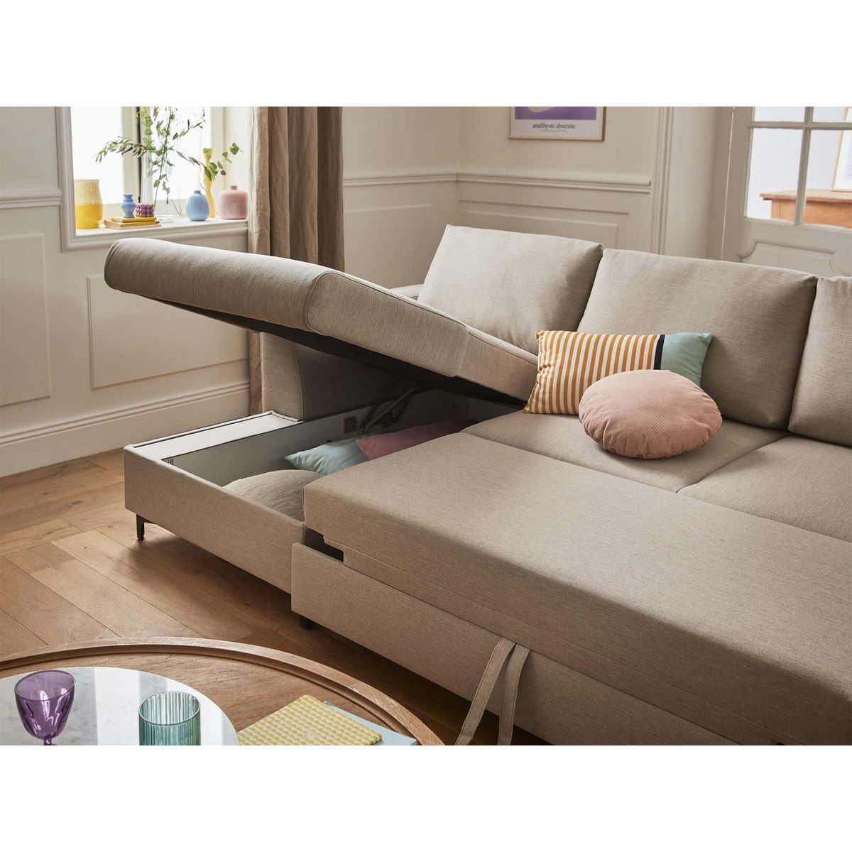 LISA DESIGN Tala - canapé panoramique en u - 7 places - convertible avec coffre - en tissu