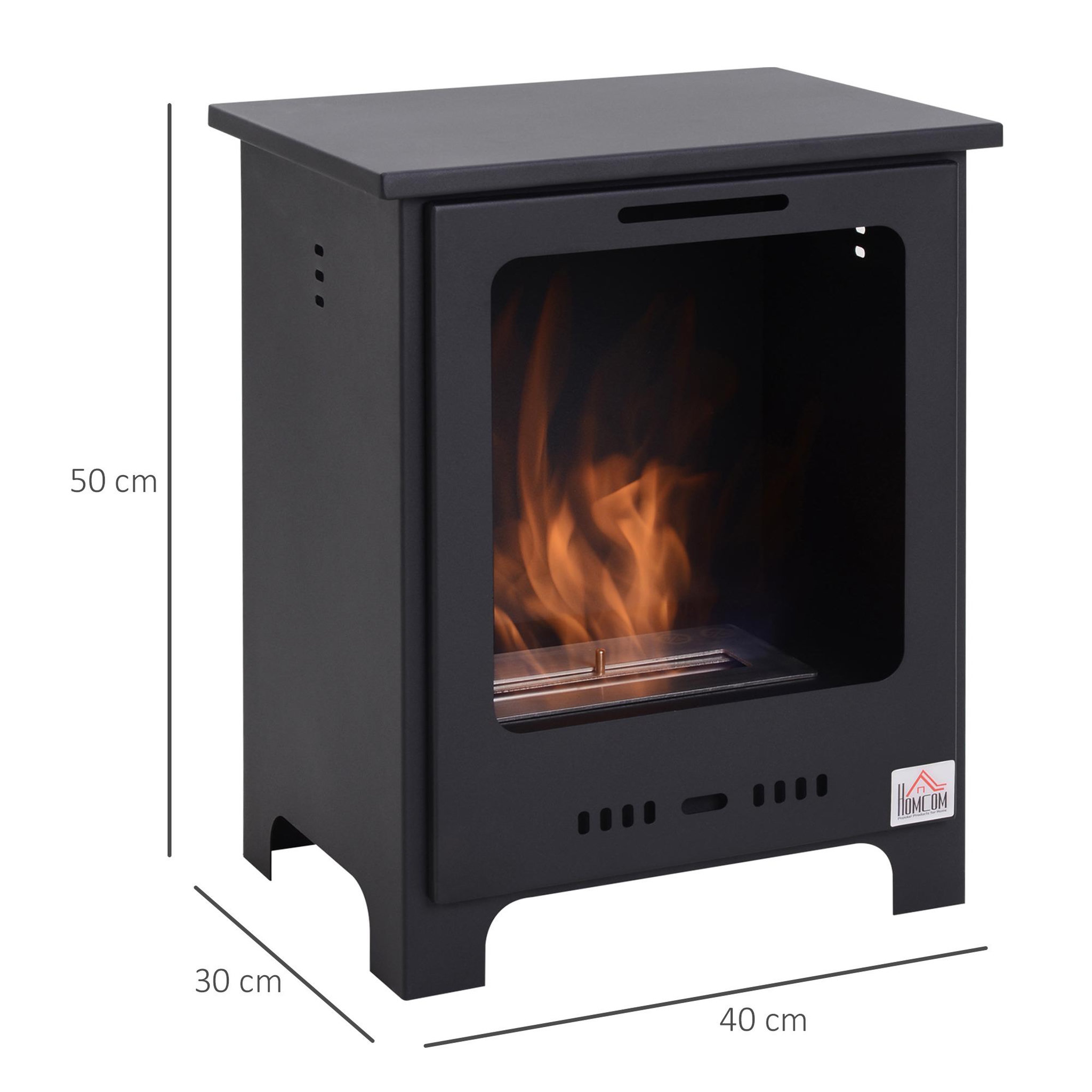 Voir la diapositive 3 : HOMCOM Cheminée bioéthanol sur pieds style néo-rétro poêle 1 brûleur 1,5 l dim. 40l x 30l x 50h cm couverture 20-25 m² noir