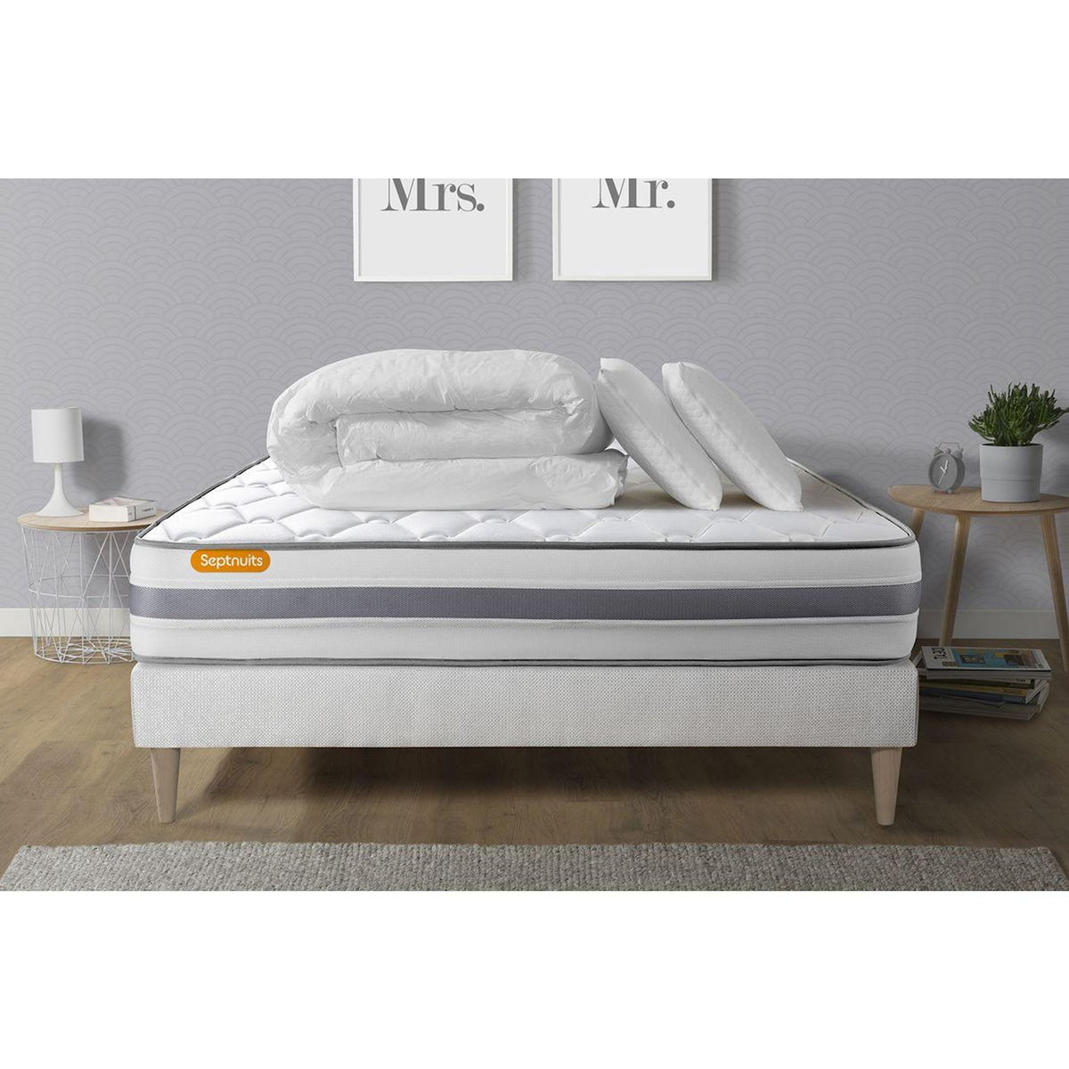 SEPTNUITS Pack matelas + sommier kit blanc Memo Spring Ressorts ensachés MAXI épaisseur + Couette + 2 oreillers