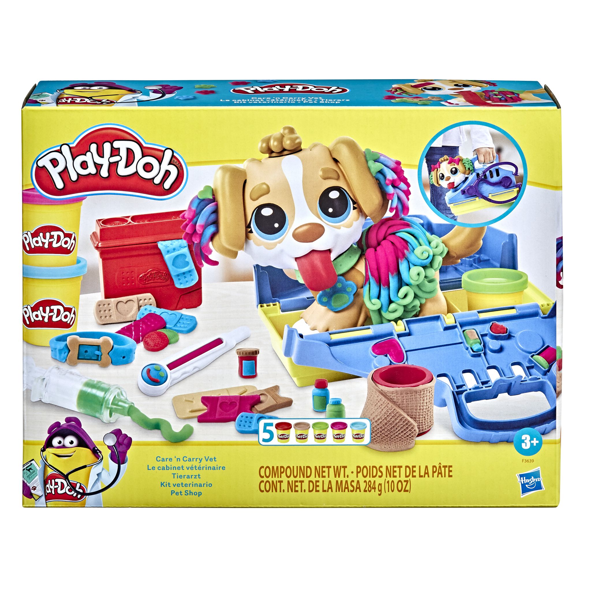 HASBRO Play-Doh Coffret, Le cabinet vétérinaire avec chien, mallette, avec 5 pots de pate à modeler