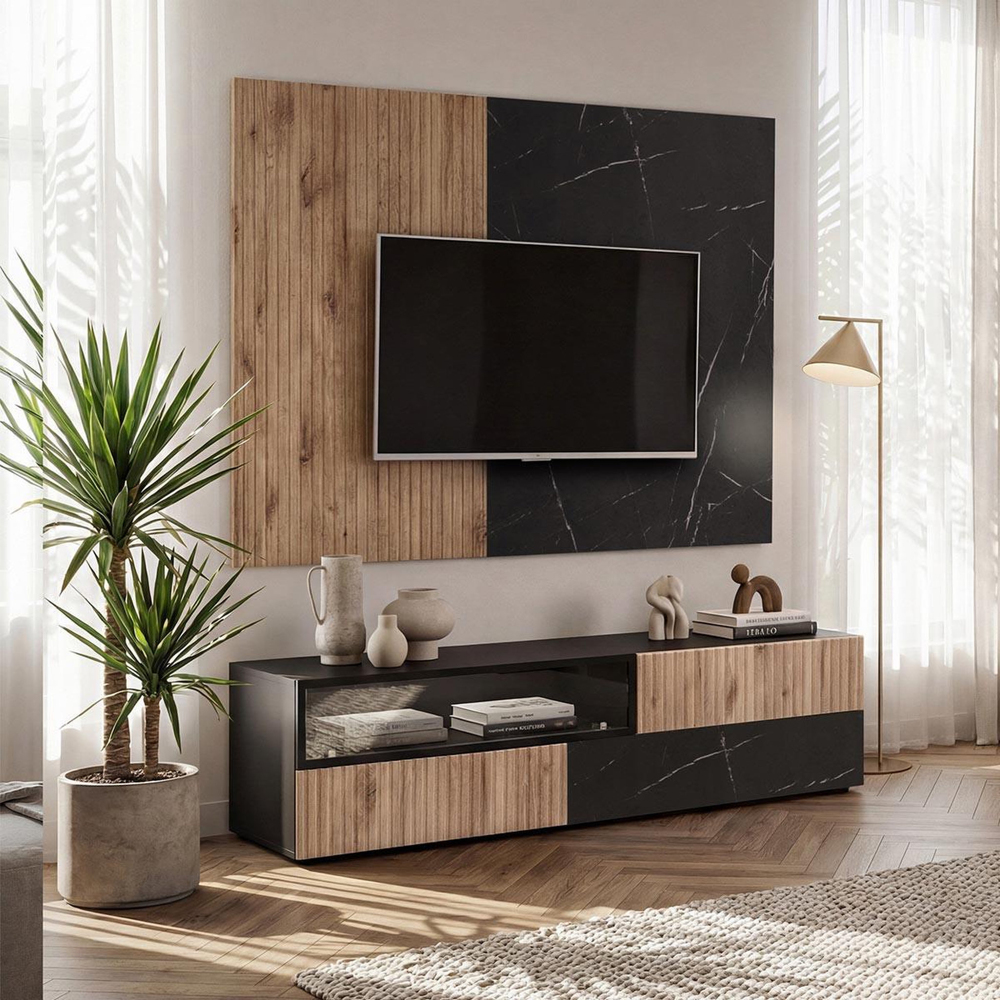 Voir la diapositive 4 : Paris Prix Ensemble meuble tv mural  cannes i  180cm noir & naturel