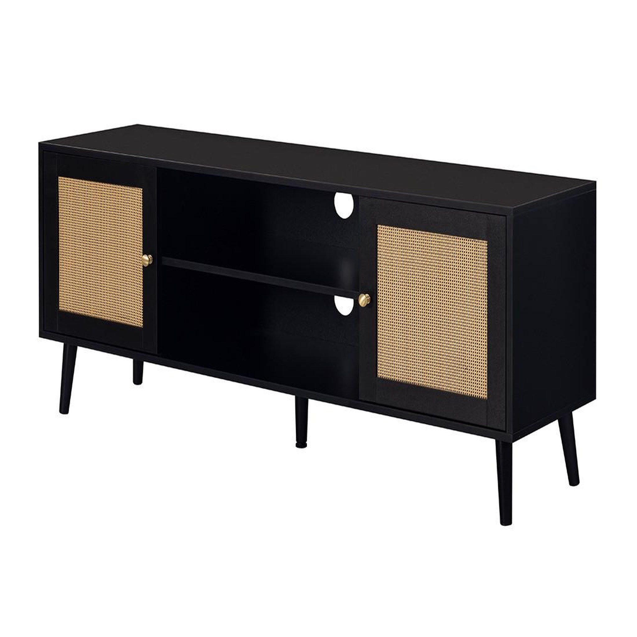 Voir la diapositive 5 : BEST MOBILIER Goto - meuble tv - noir et cannage - 2 portes et 2 niches - 140 cm