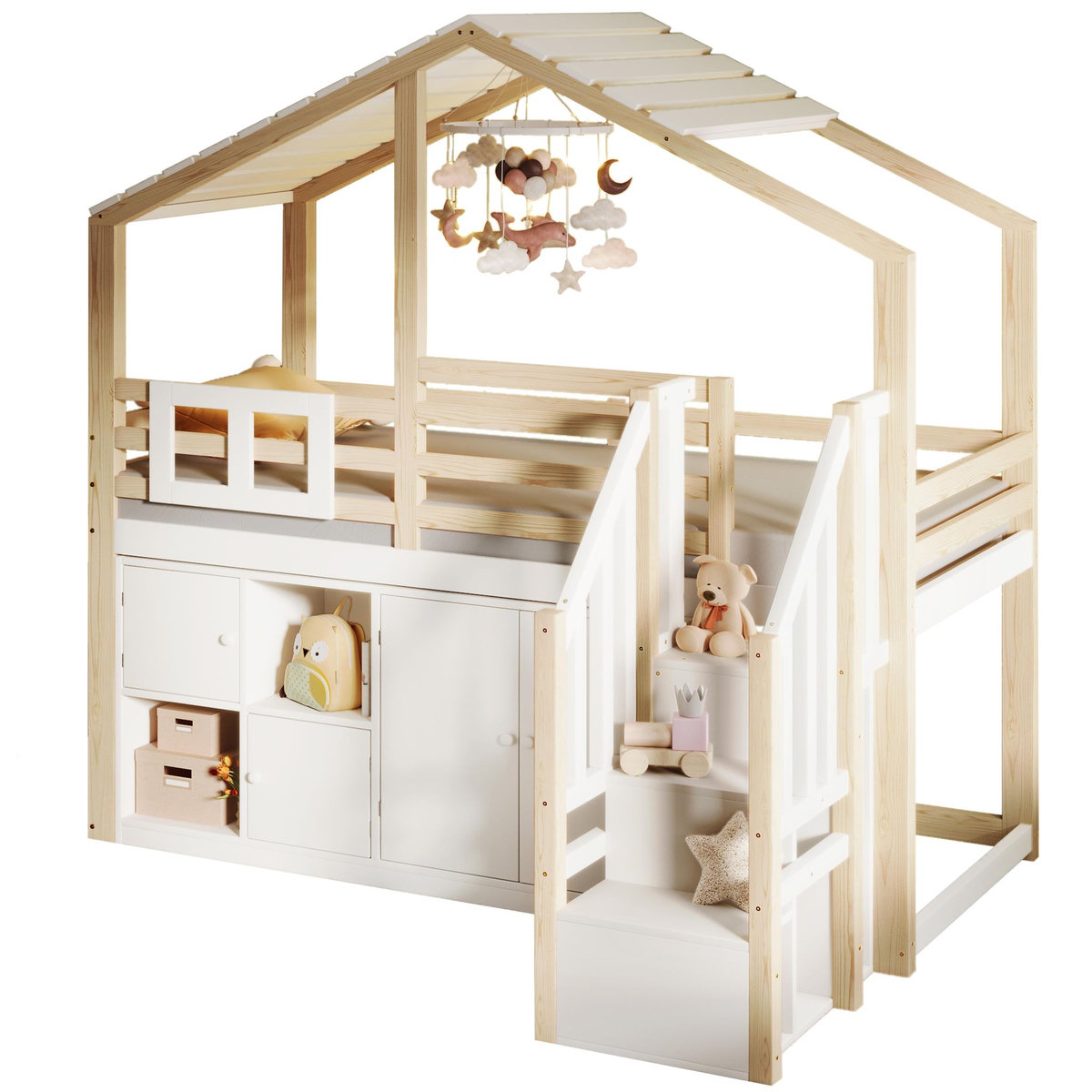 MERAX Lit combiné enfant 90x200 cm coloris blanc+natutel pin