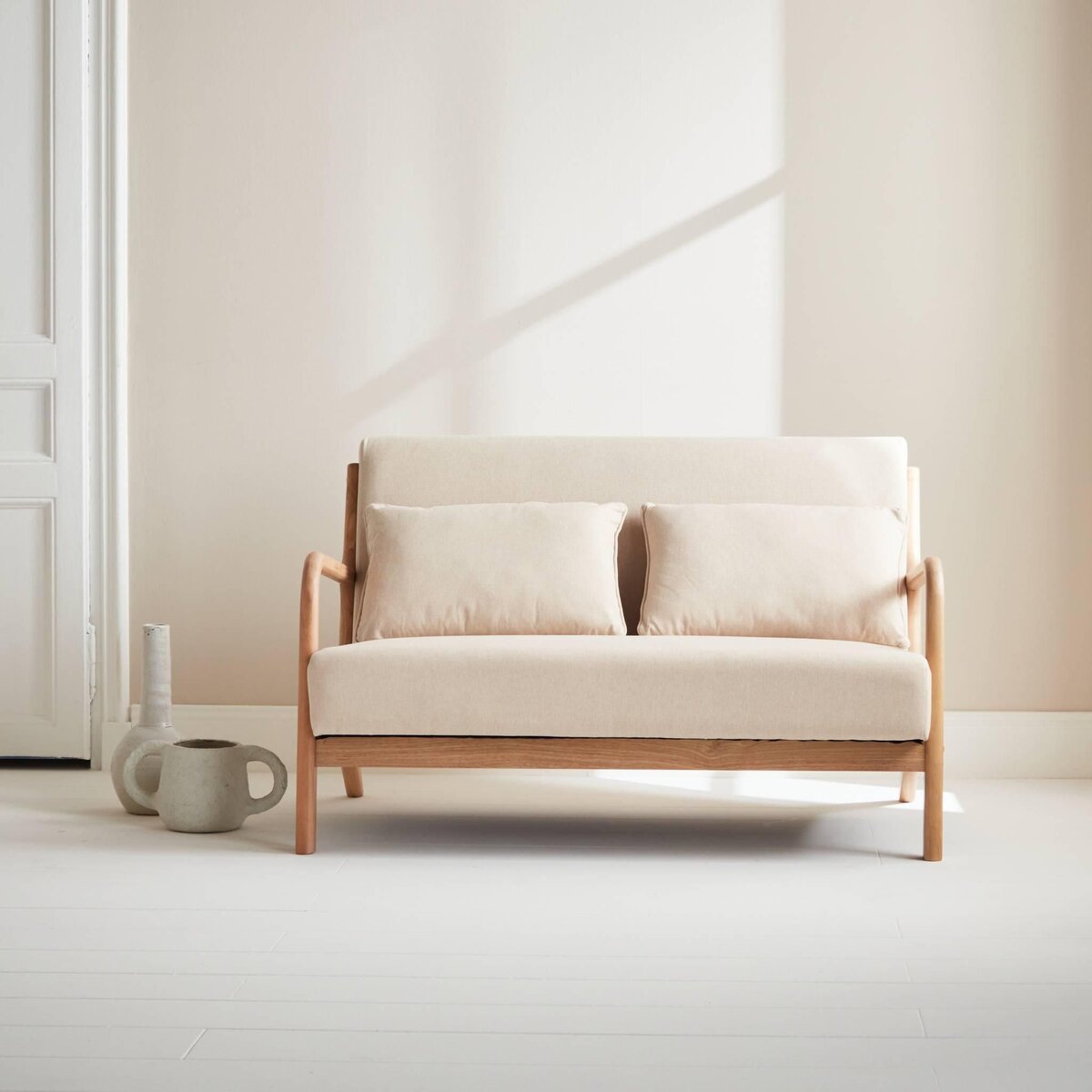 SWEEEK Banquette 2 places scandinave en bois et tissu beige. Lorens. L 124 x P 83 x H 77cm
