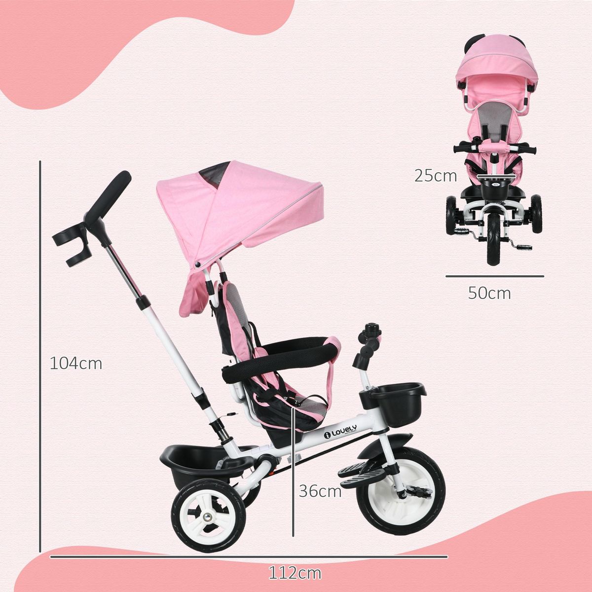 HOMCOM Tricycle enfant évolutif pliable pare-soleil canne télescopique amovible siège réversible rose
